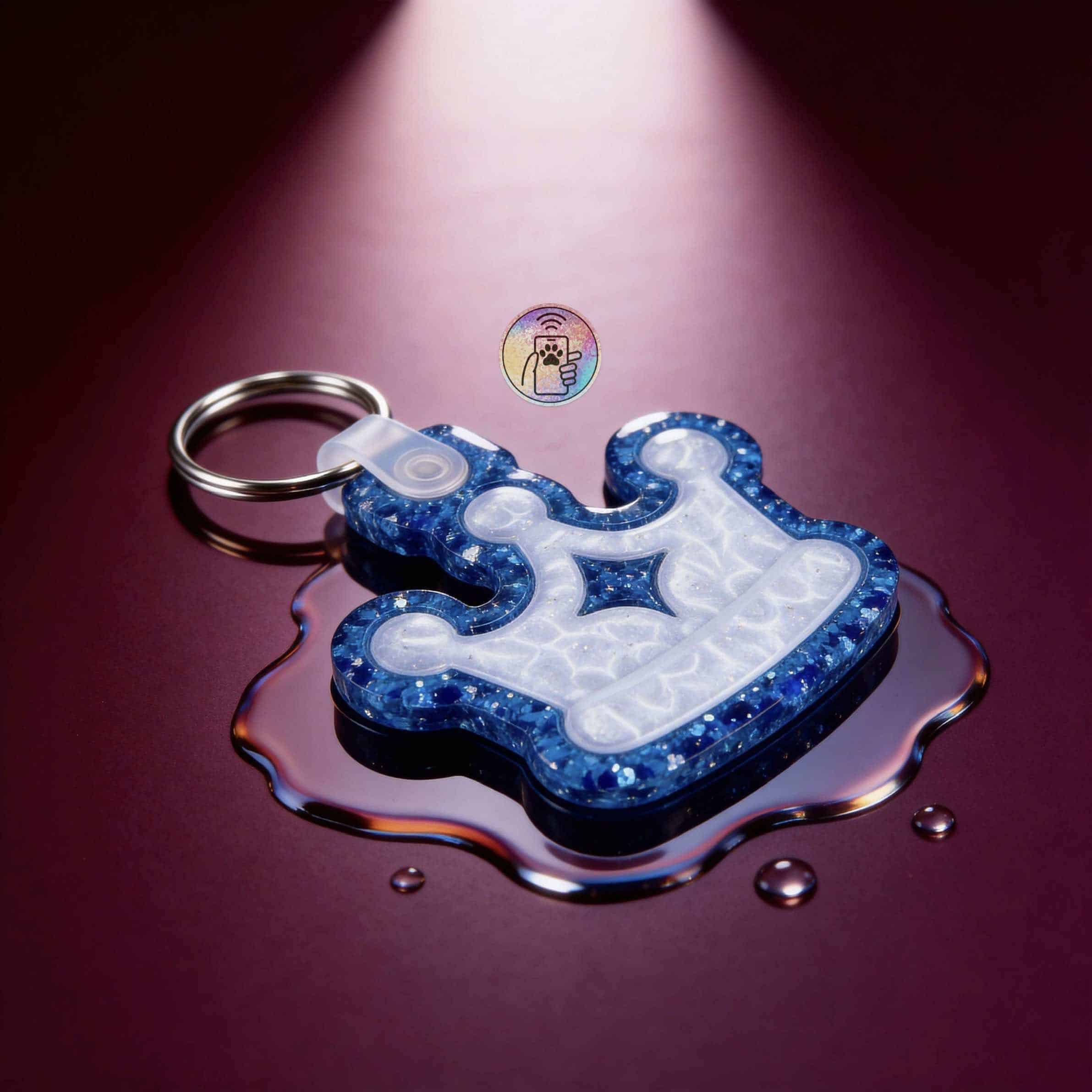 Blue glitter crown-shaped NFC pet ID tag with keyring for dogs and cats — Shiloh's House smart NFC pet tag with free companion Lohji app.