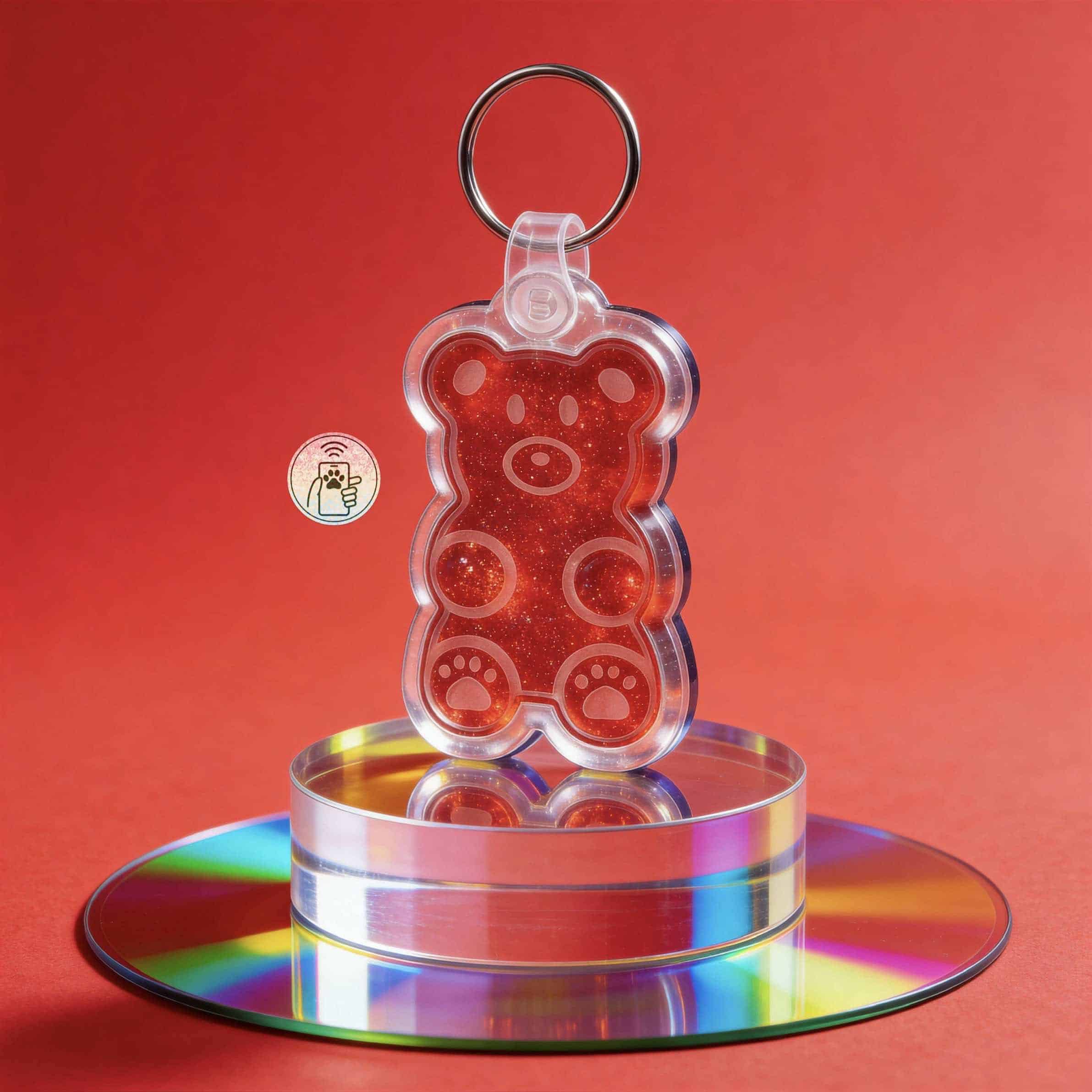 NFC pet ID tag shaped like a teddy bear, made of clear acrylic with red glitter, designed for dogs a — Shiloh's House smart NFC pet tag with free companion Lohji app.