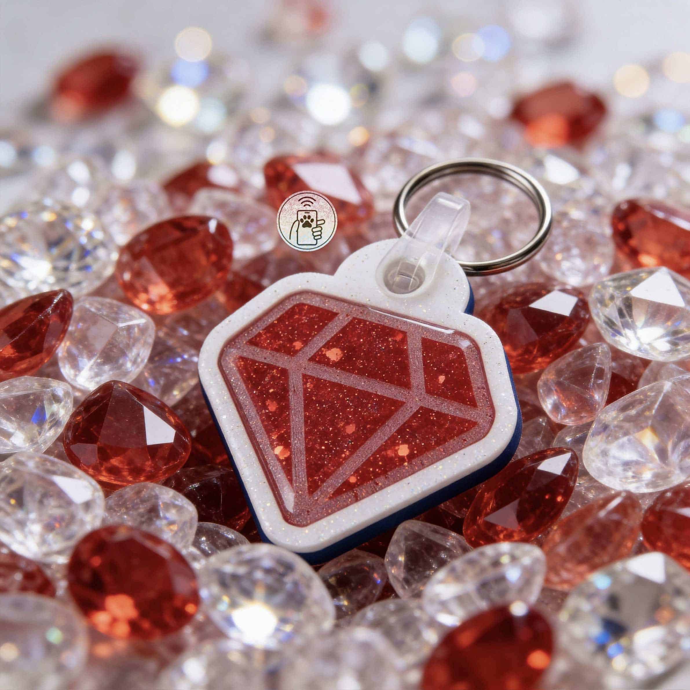NFC pet ID tag shaped like a diamond, designed for dogs and cats, with sparkling red glitter and a k — Shiloh's House smart NFC pet tag with free companion Lohji app.