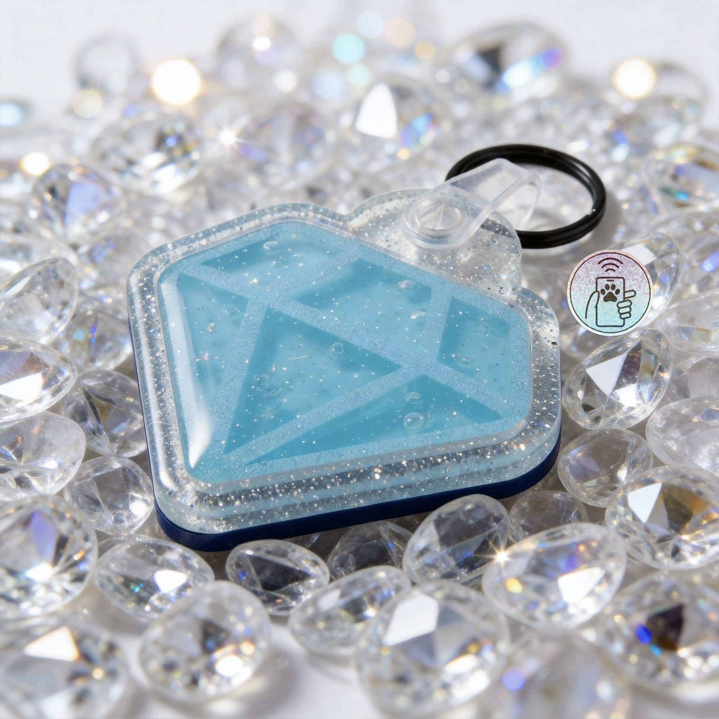NFC pet ID tag with diamond shape, perfect for dogs and cats, featuring a glittery acrylic design — Shiloh's House smart NFC pet tag with free companion Lohji app.