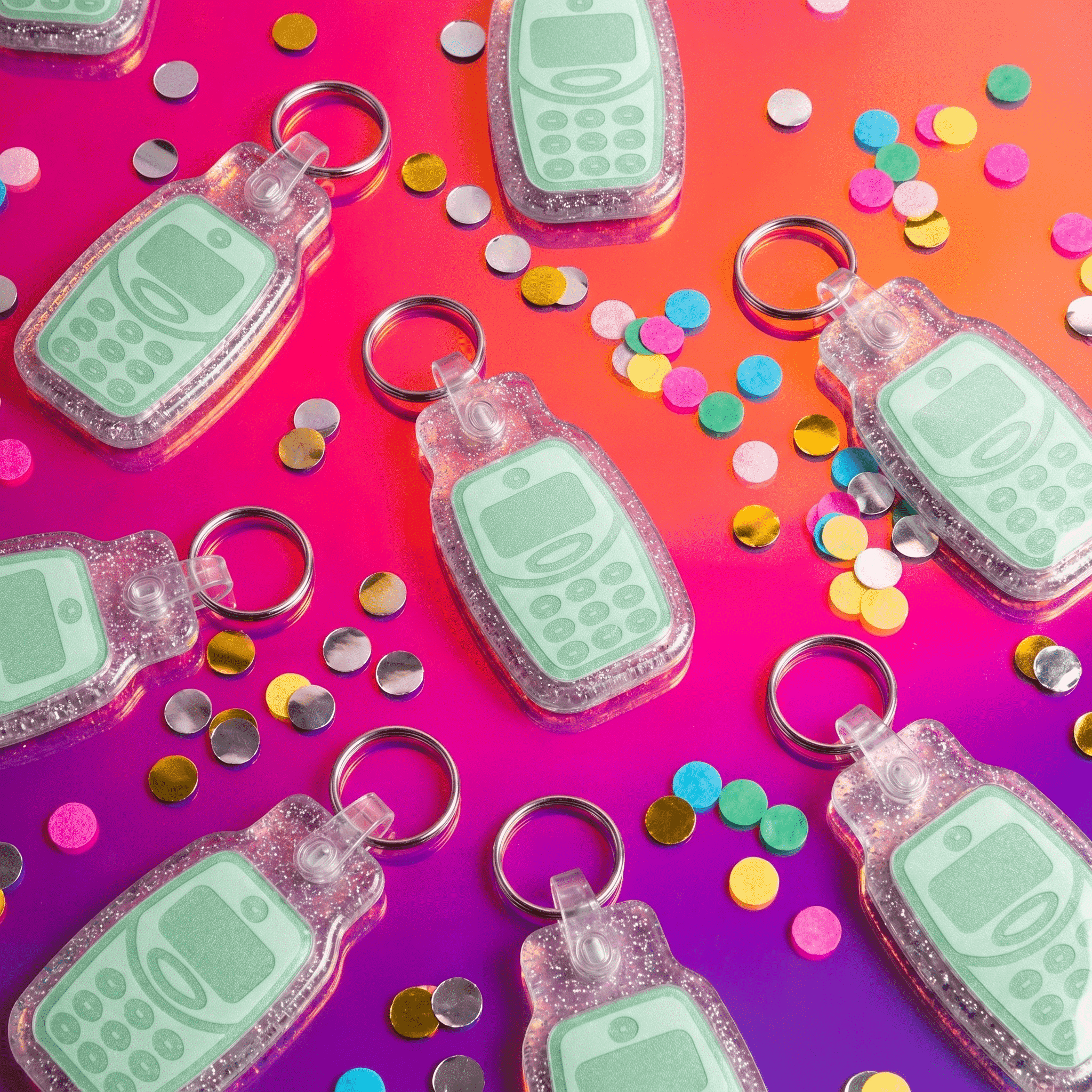 Clear acrylic NFC pet ID tags shaped like phones, scattered on colorful background with confetti — Shiloh's House smart NFC pet tag with free companion Lohji app.