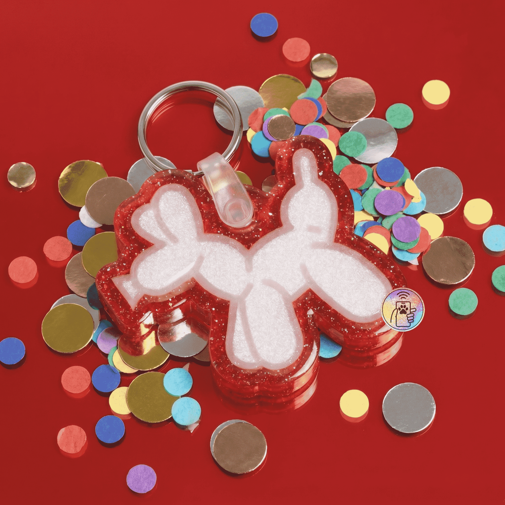 Red glitter bunny-shaped NFC pet ID tag with clear outline for dogs and cats — Shiloh's House smart NFC pet tag with free companion Lohji app.