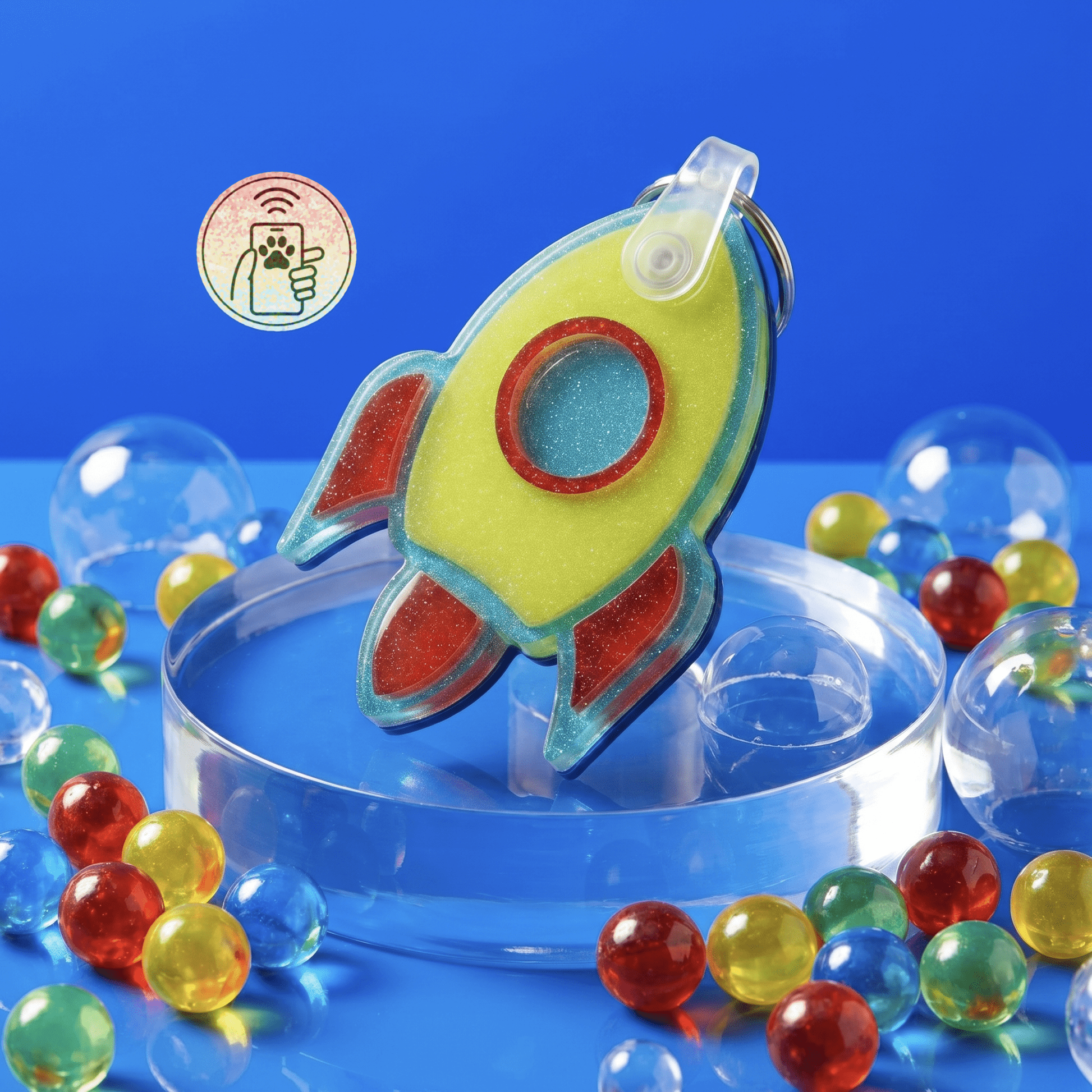 NFC pet ID tag shaped like a rocket with vibrant yellow and red accents — Shiloh's House smart NFC pet tag with free companion Lohji app.