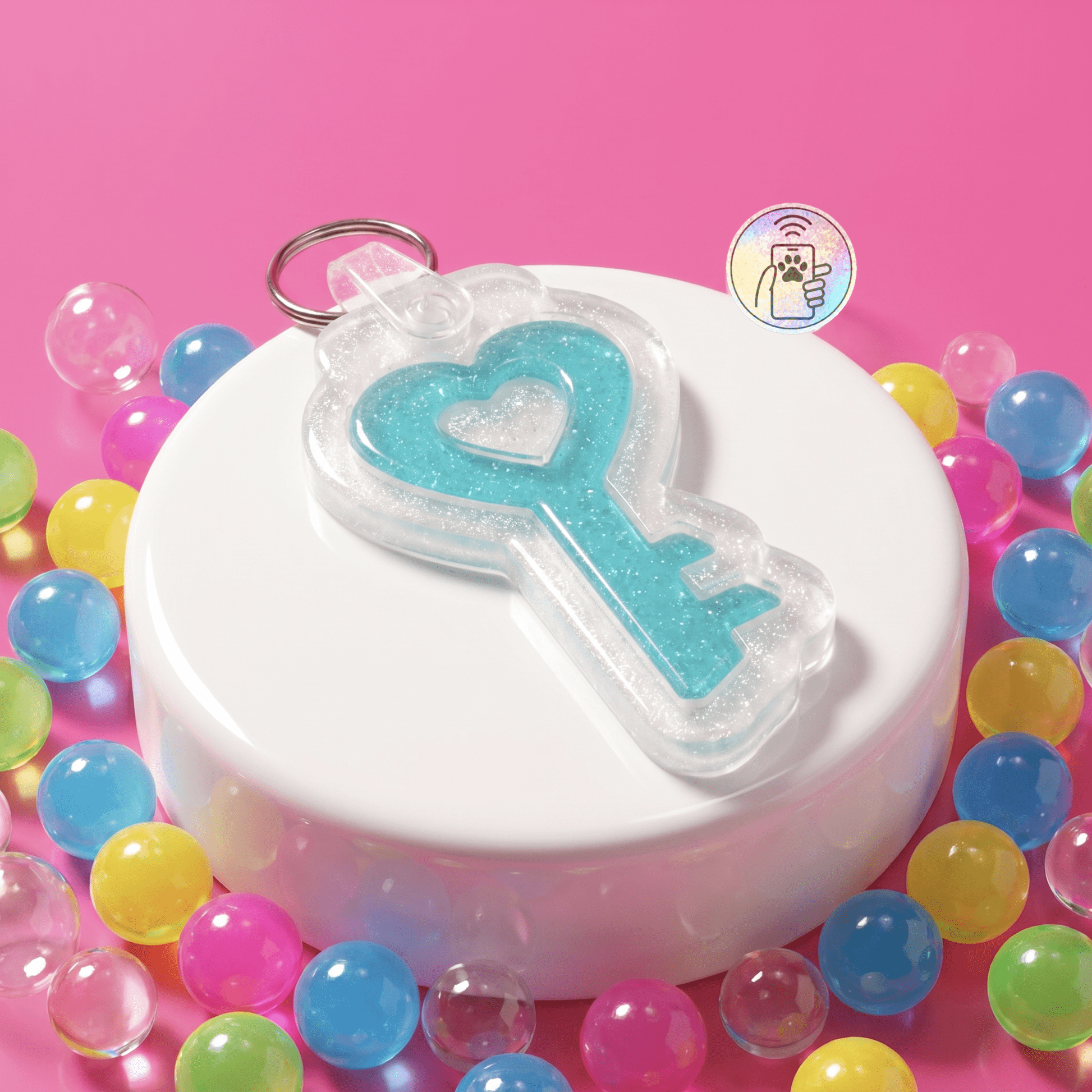 NFC pet ID tag shaped like a heart and key, perfect for dogs and cats, with smart contactless techno — Shiloh's House smart NFC pet tag with free companion Lohji app.