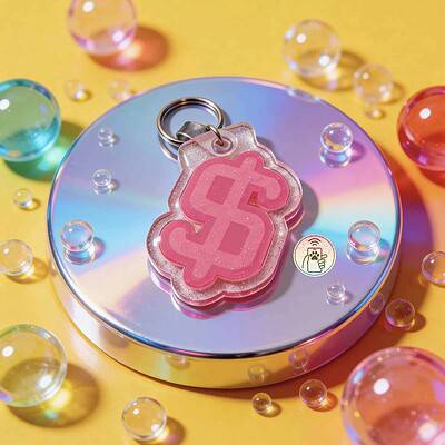 NFC pet ID tag shaped like a pink gummy bear for dogs and cats. Durable acrylic with a keyring for e — Shiloh's House smart NFC pet tag with free companion Lohji app.