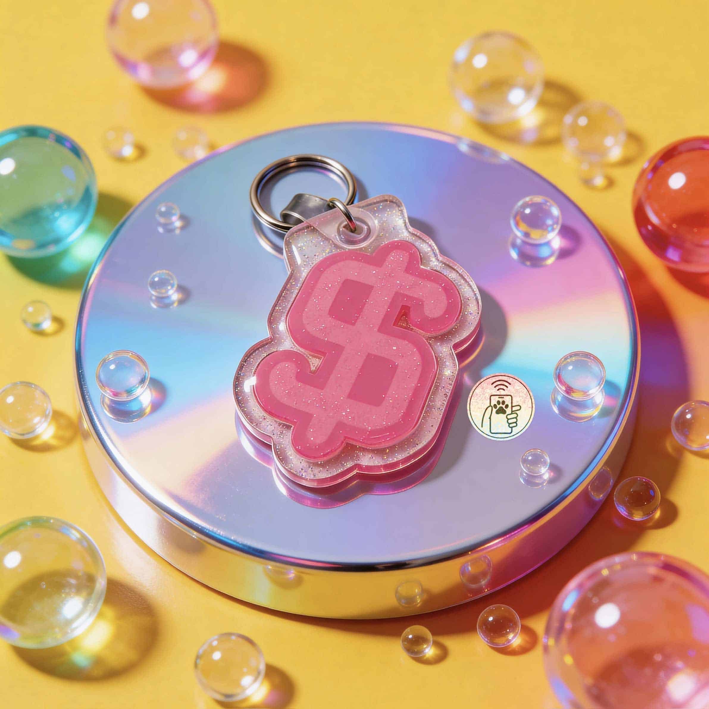 NFC pet ID tag shaped like a pink gummy bear for dogs and cats. Durable acrylic with a keyring for e — Shiloh's House smart NFC pet tag with free companion Lohji app.