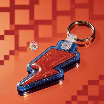 NFC pet ID tag shaped like a lightning bolt with glittery blue and red acrylic — Shiloh's House smart NFC pet tag with free companion Lohji app.