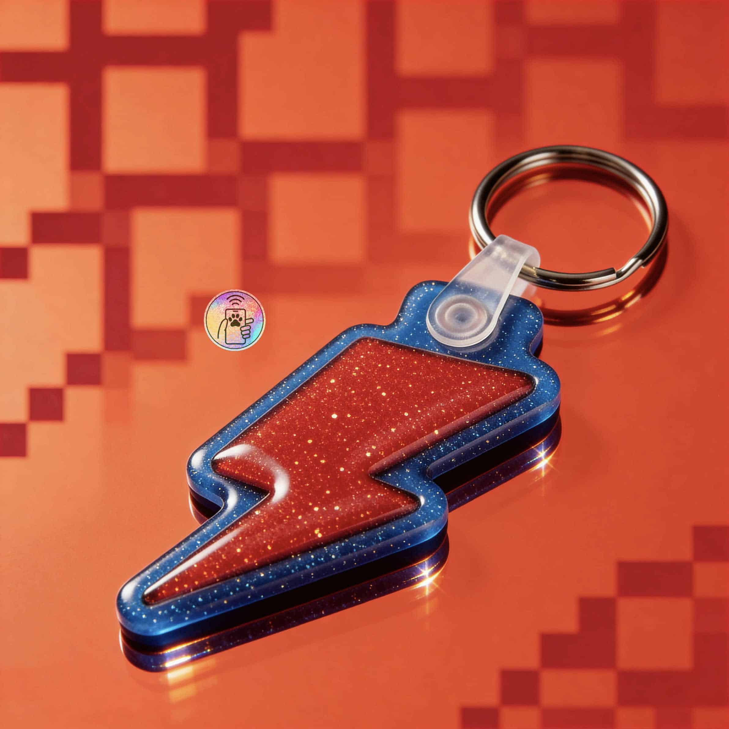 NFC pet ID tag shaped like a lightning bolt with glittery blue and red acrylic — Shiloh's House smart NFC pet tag with free companion Lohji app.