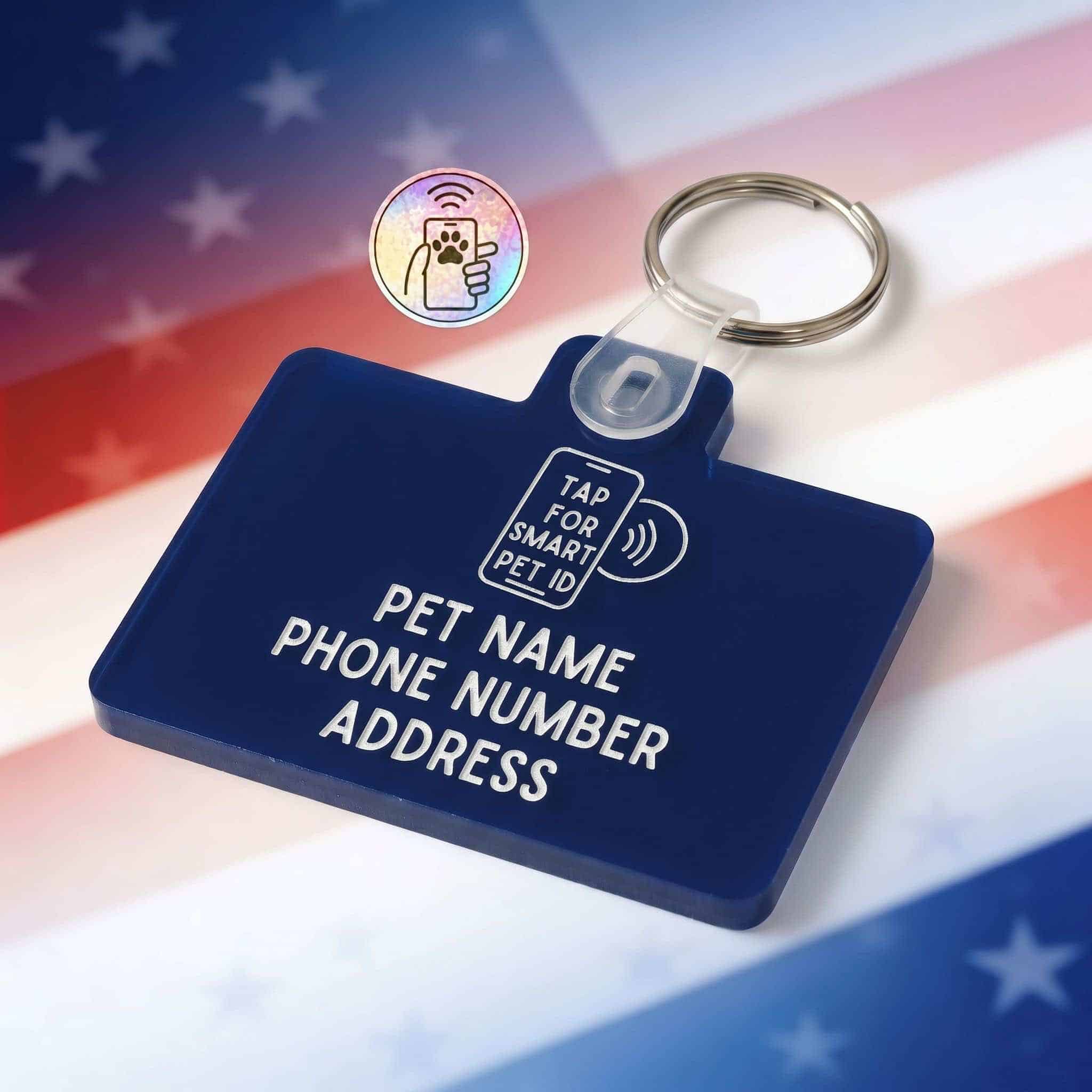 NFC pet ID tag with QR code for dogs and cats, featuring a blue acrylic design — Shiloh's House smart NFC pet tag with free companion Lohji app.