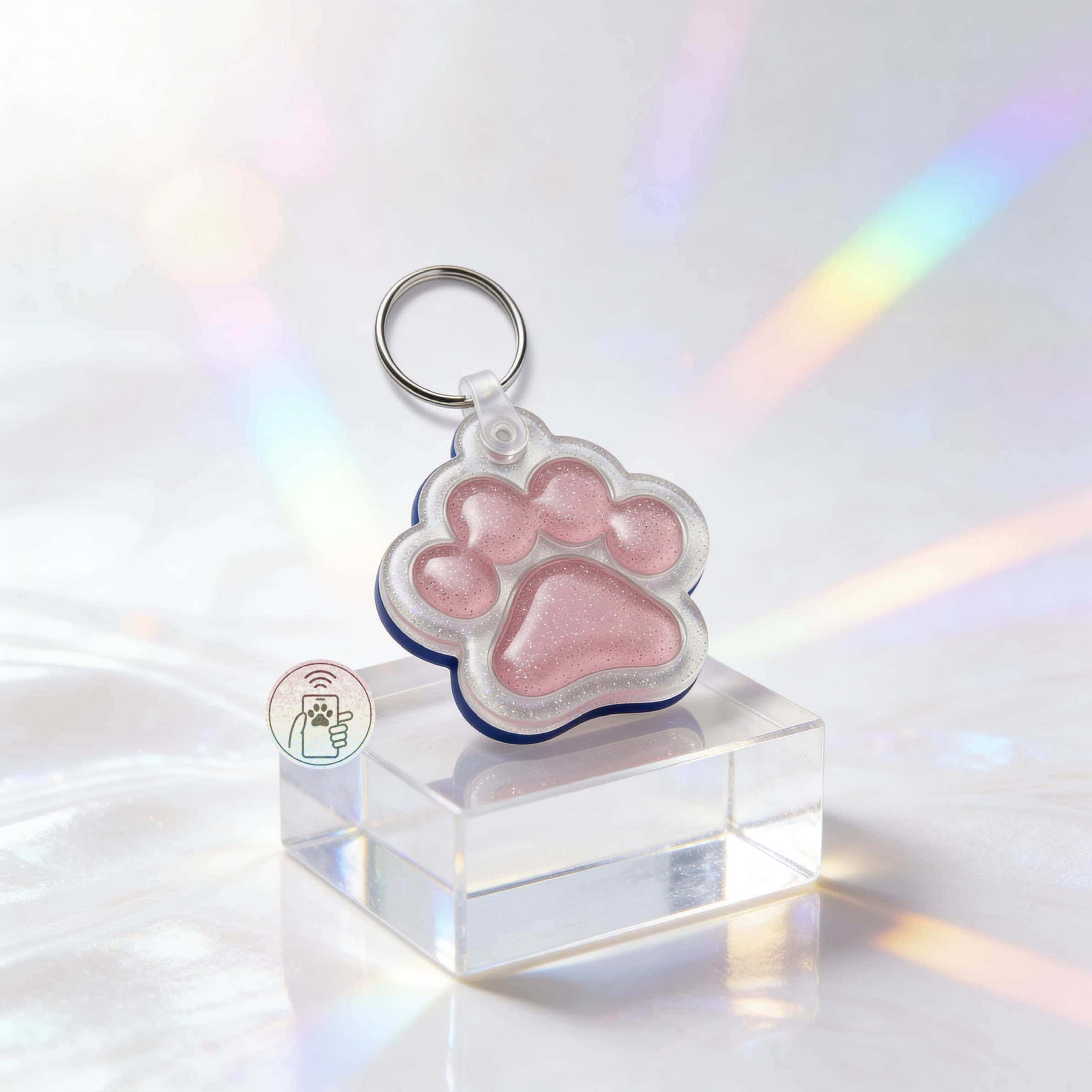 Pink paw-shaped NFC pet ID tag on clear display with rainbow light reflections — Shiloh's House smart NFC pet tag with free companion Lohji app.