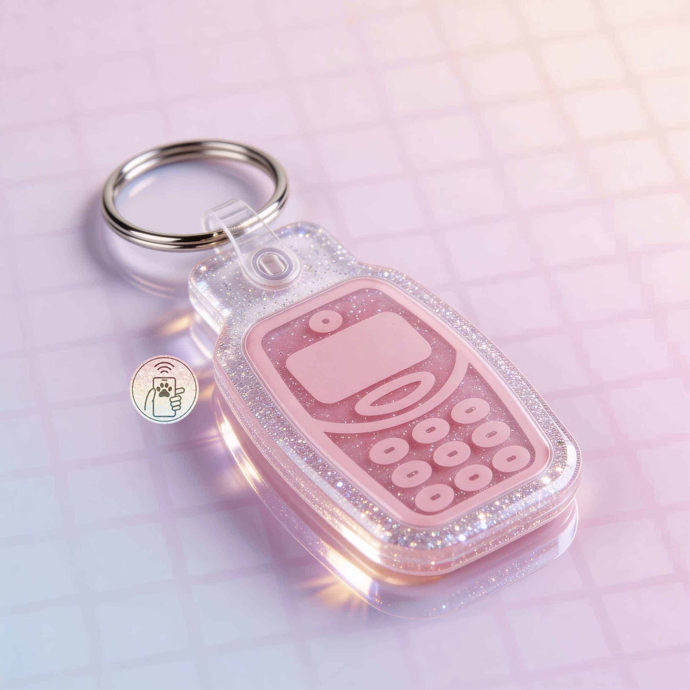 NFC pet ID tag in pink with glitter, designed for dogs and cats, with a keyring attachment — Shiloh's House smart NFC pet tag with free companion Lohji app.