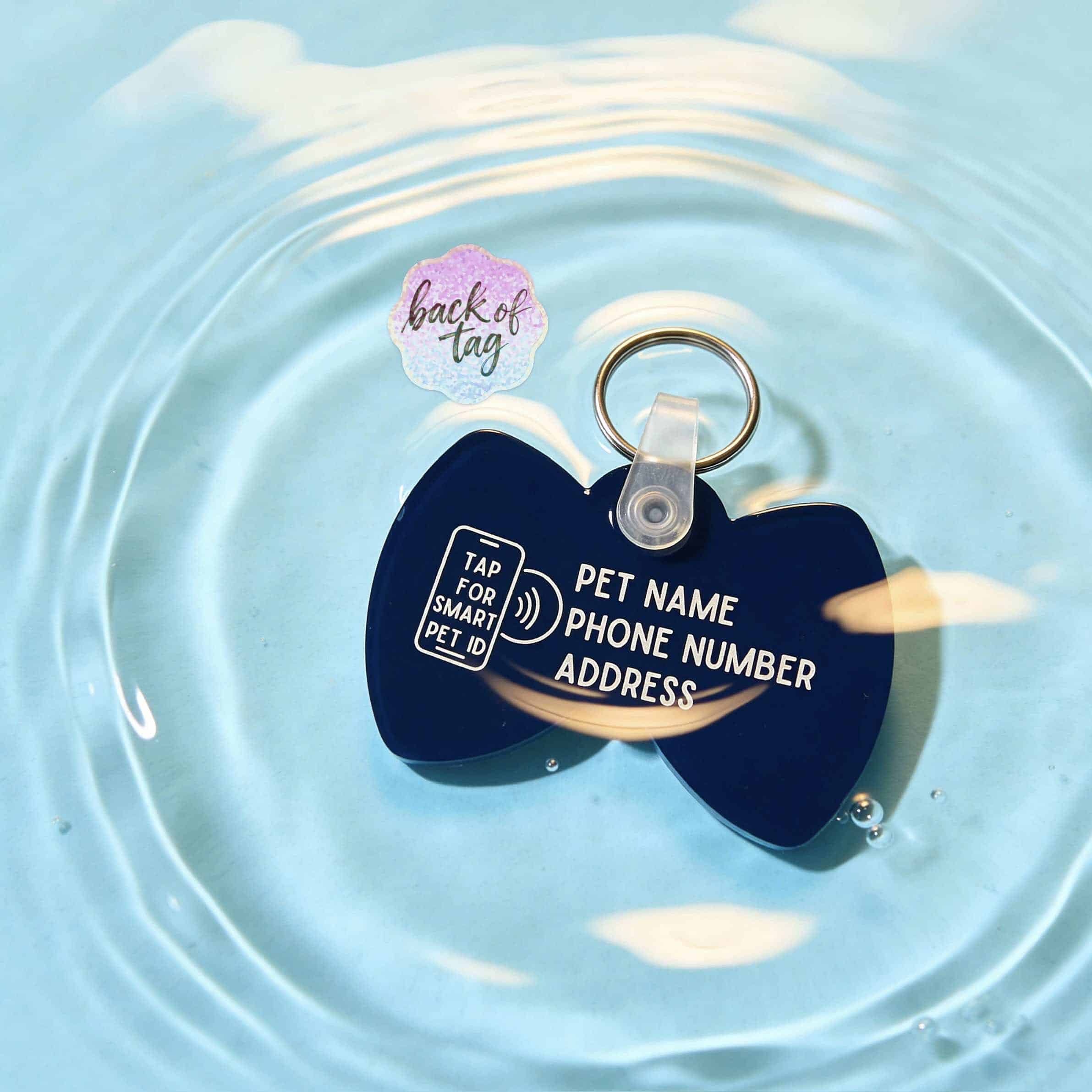 NFC pet ID tag in bow shape with customizable info for dogs and cats.