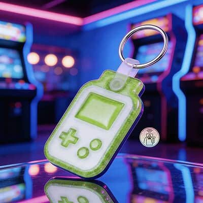 NFC pet ID tag shaped like a retro handheld game controller in green and white. Perfect for dogs and — Shiloh's House smart NFC pet tag with free companion Lohji app.
