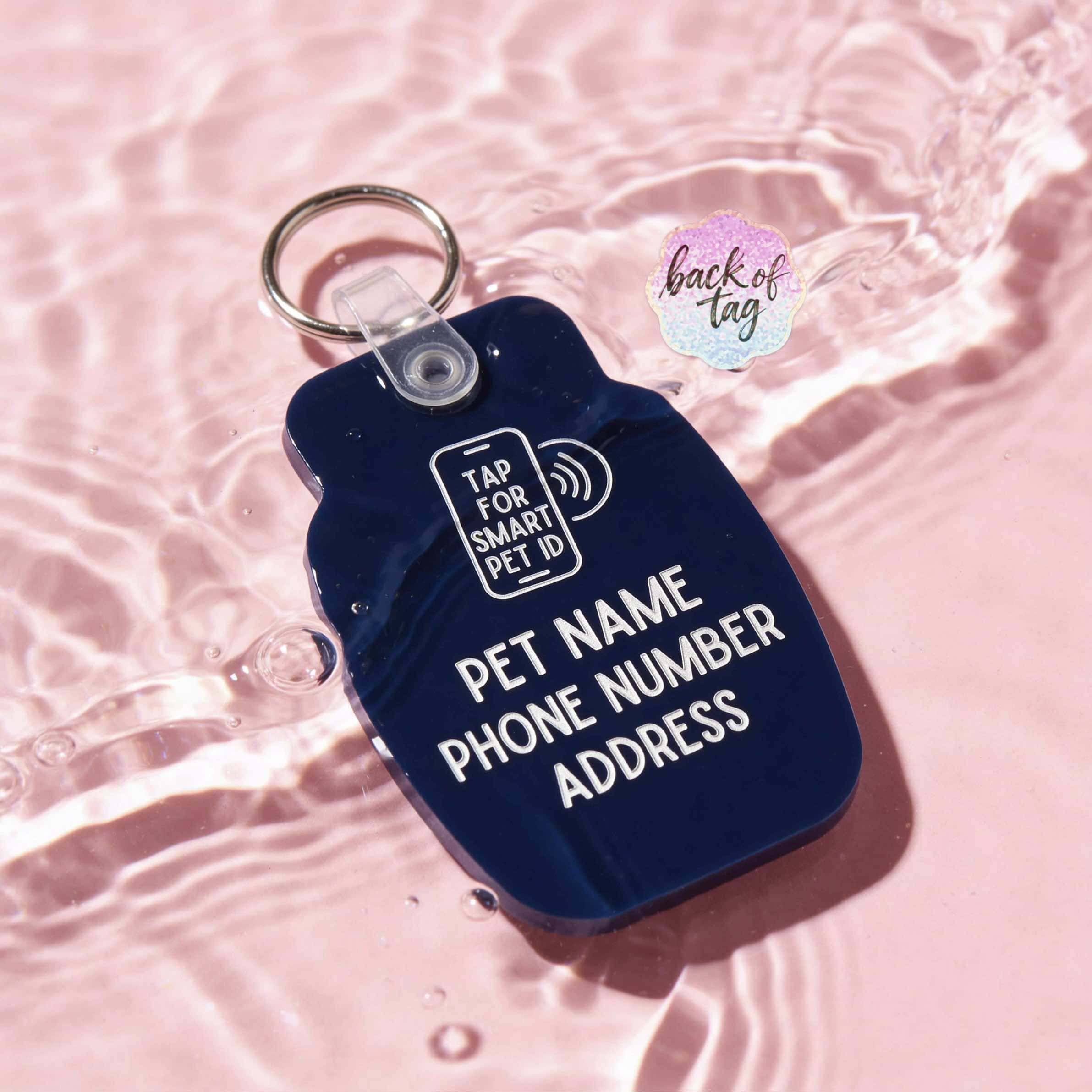 NFC pet ID tag in blue with space for pet's name, phone number, and address. Perfect for dogs and ca — Shiloh's House smart NFC pet tag with free companion Lohji app.