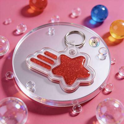 Red glitter hand-shaped pet ID tag with keyring for dogs and cats — Shiloh's House smart NFC pet tag with free companion Lohji app.