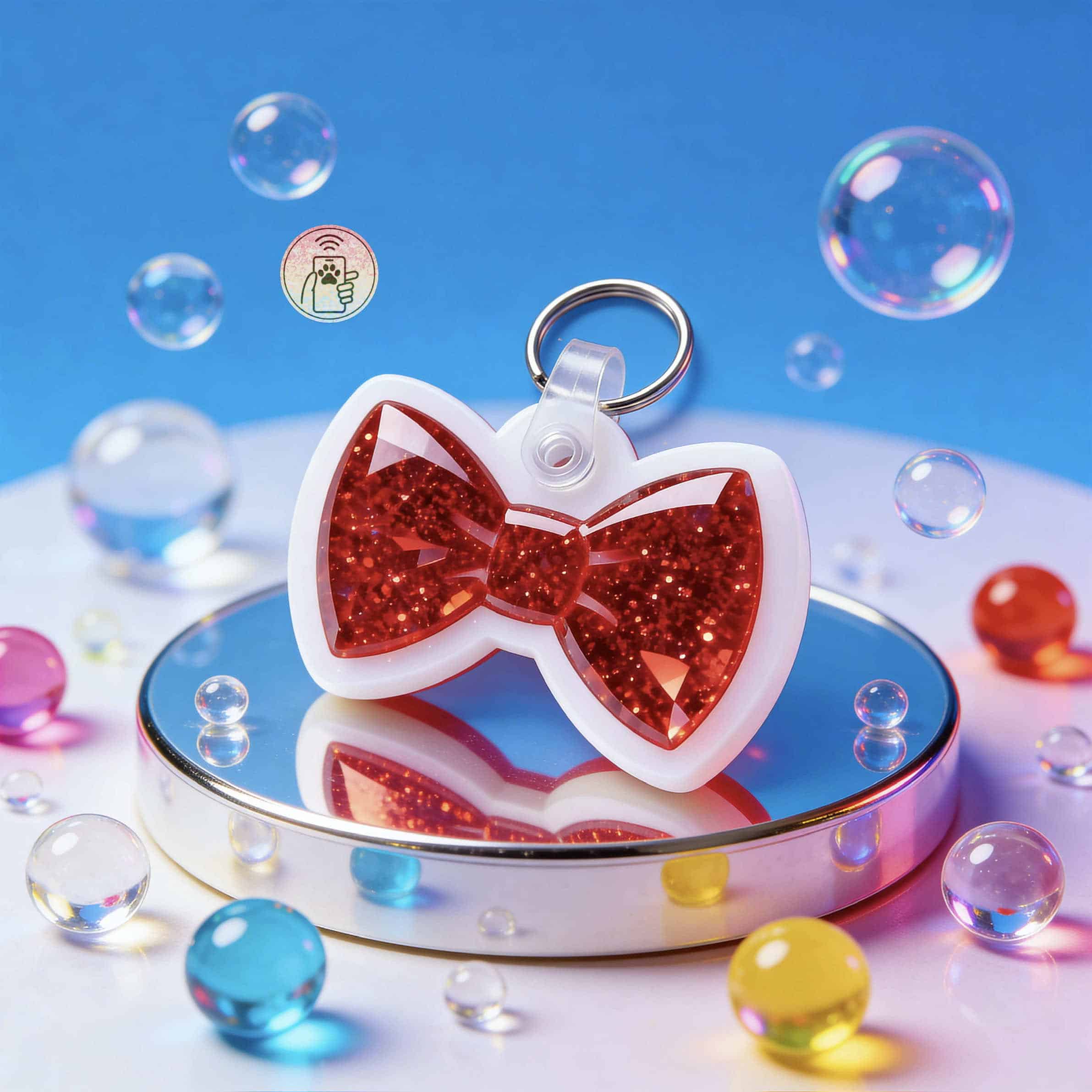 Red glitter bow-shaped NFC pet ID tag for dogs and cats with keyring attachment — Shiloh's House smart NFC pet tag with free companion Lohji app.