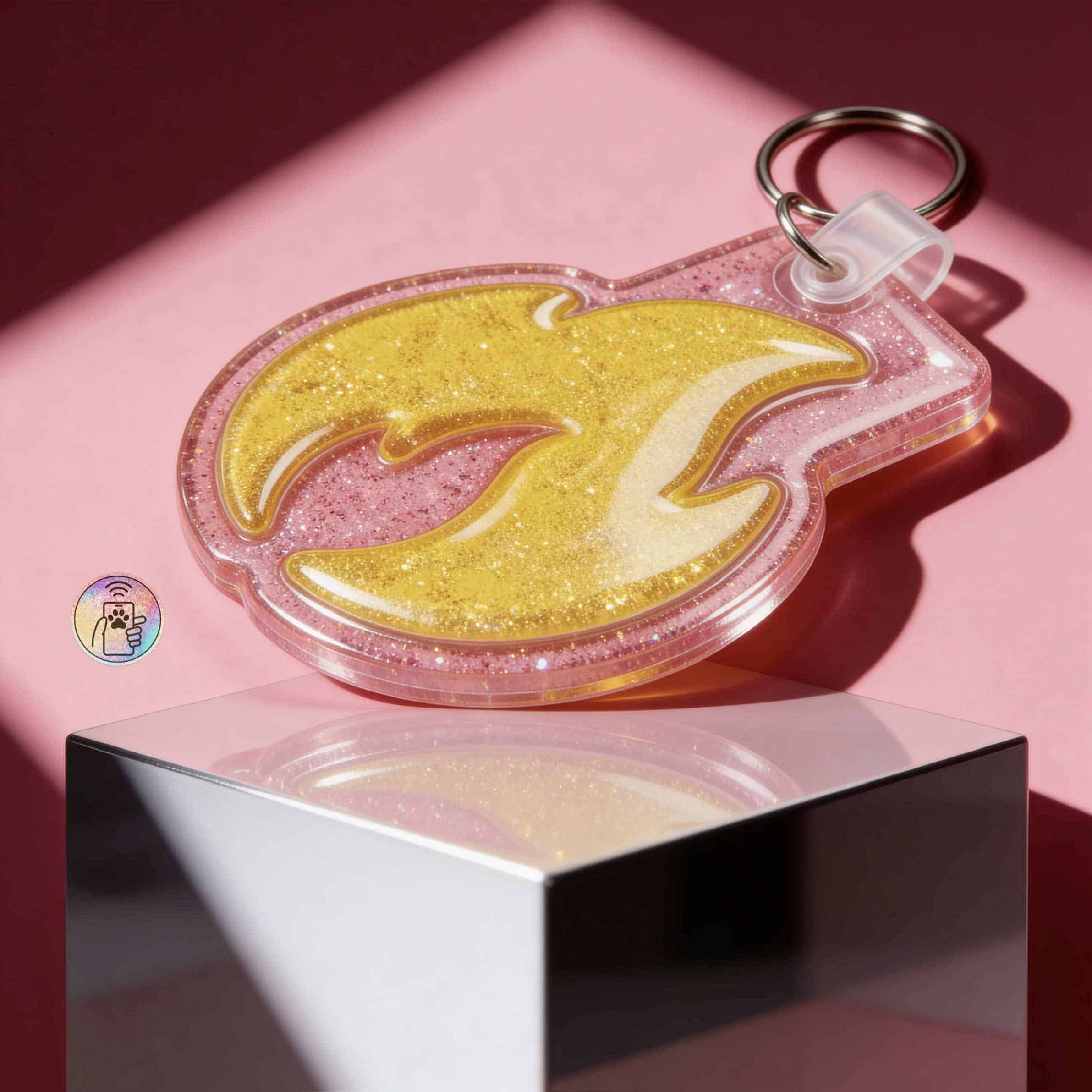 Glitter yellow lightning bolt-shaped NFC pet ID tag for dogs and cats — Shiloh's House smart NFC pet tag with free companion Lohji app.