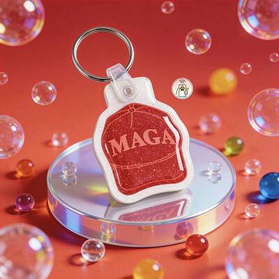 NFC pet ID tag shaped like a MAGA hat, displayed on a reflective surface with colorful beads and bub — Shiloh's House smart NFC pet tag with free companion Lohji app.