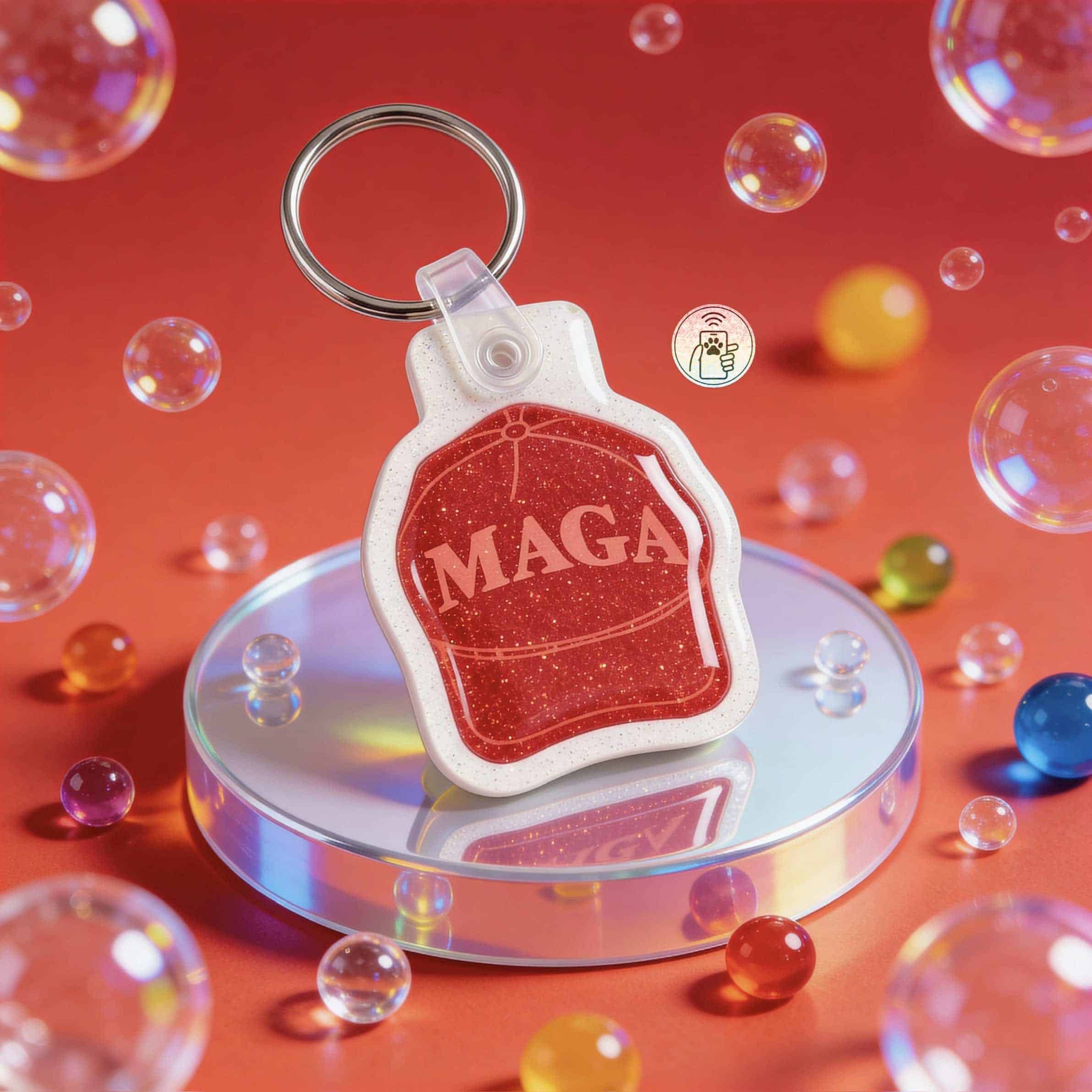 NFC pet ID tag shaped like a MAGA hat, displayed on a reflective surface with colorful beads and bub — Shiloh's House smart NFC pet tag with free companion Lohji app.