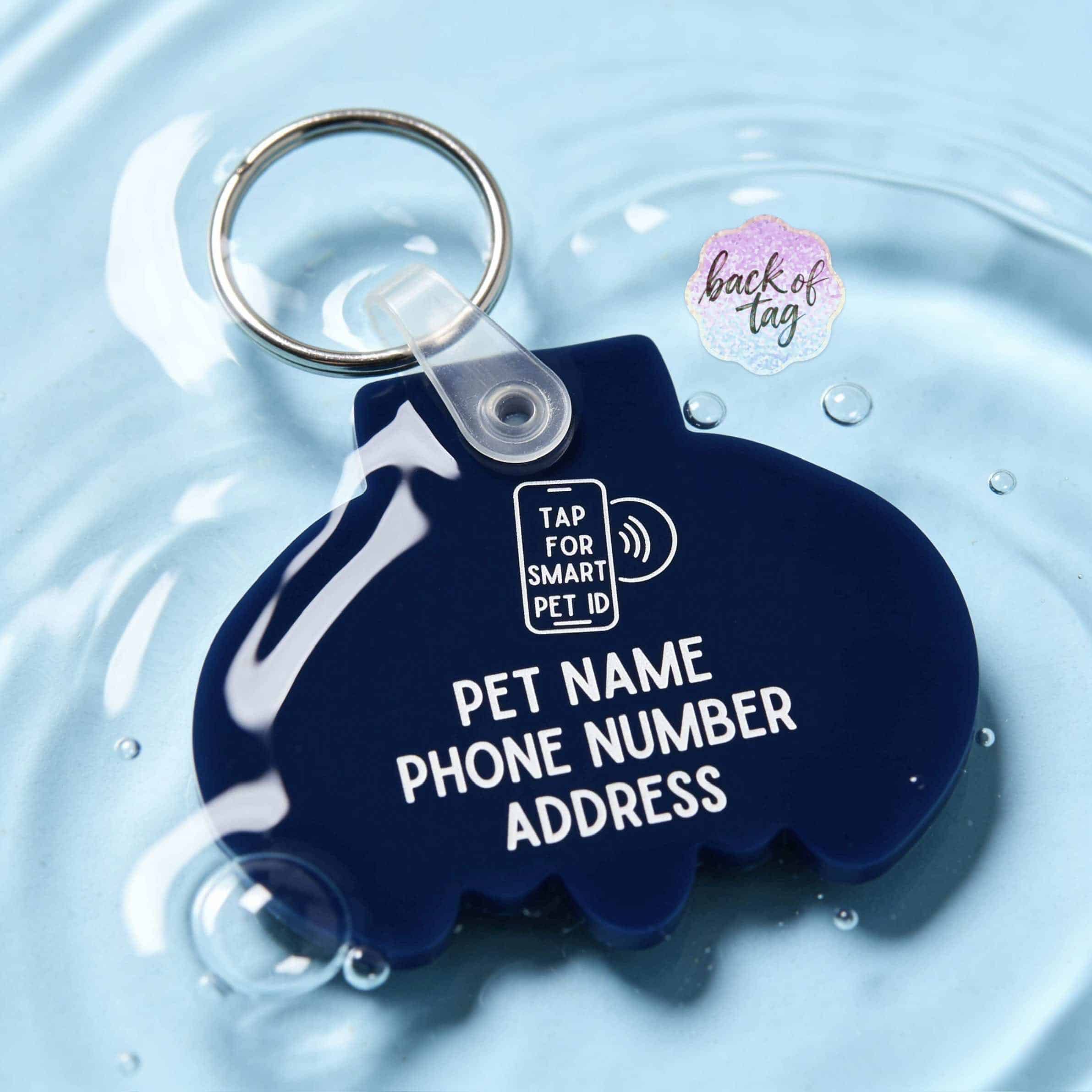 Blue pet ID tag with NFC chip for dogs and cats, featuring space for name, phone, and address — Shiloh's House smart NFC pet tag with free companion Lohji app.