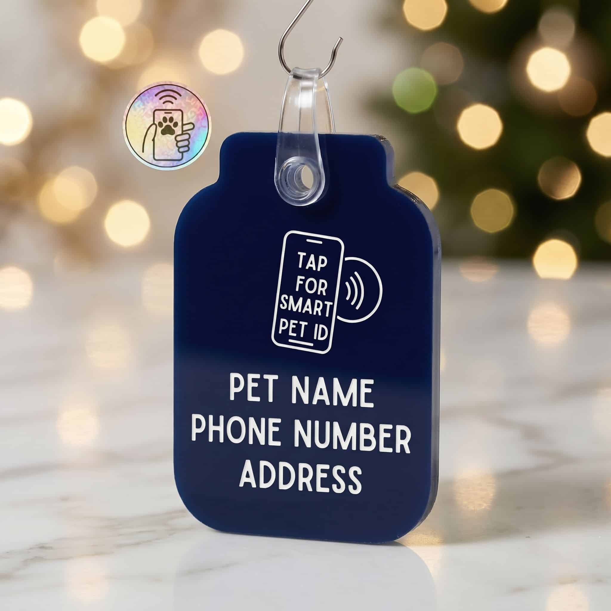 Blue pet ID tag with NFC tap area for pet name, phone, and address info.