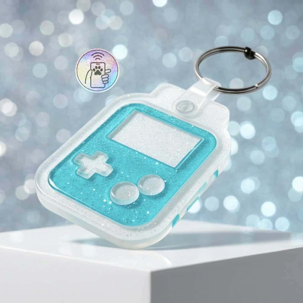 NFC pet ID tag shaped like a game console with glitter, perfect for dogs and cats.