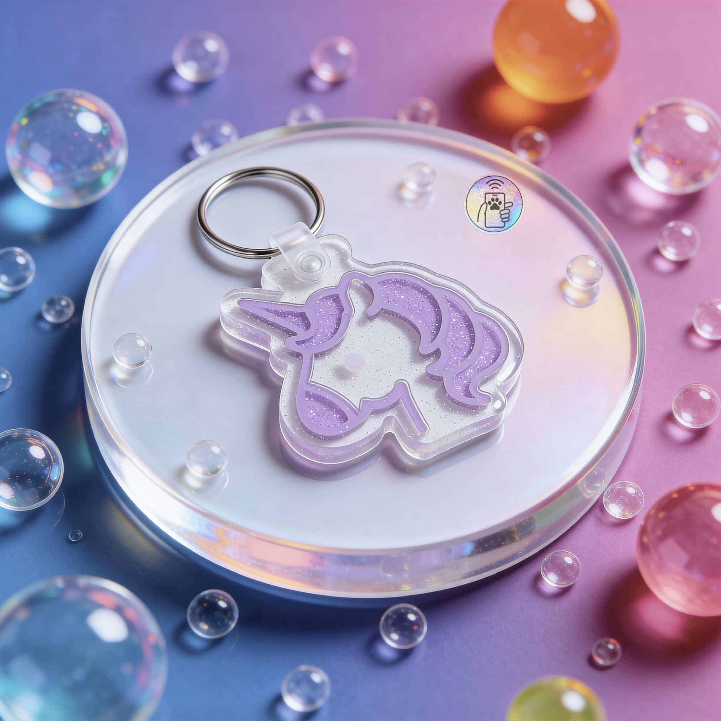 Unicorn-shaped NFC pet ID tag for dogs and cats, made of designer acrylic, with a keyring attachment — Shiloh's House smart NFC pet tag with free companion Lohji app.