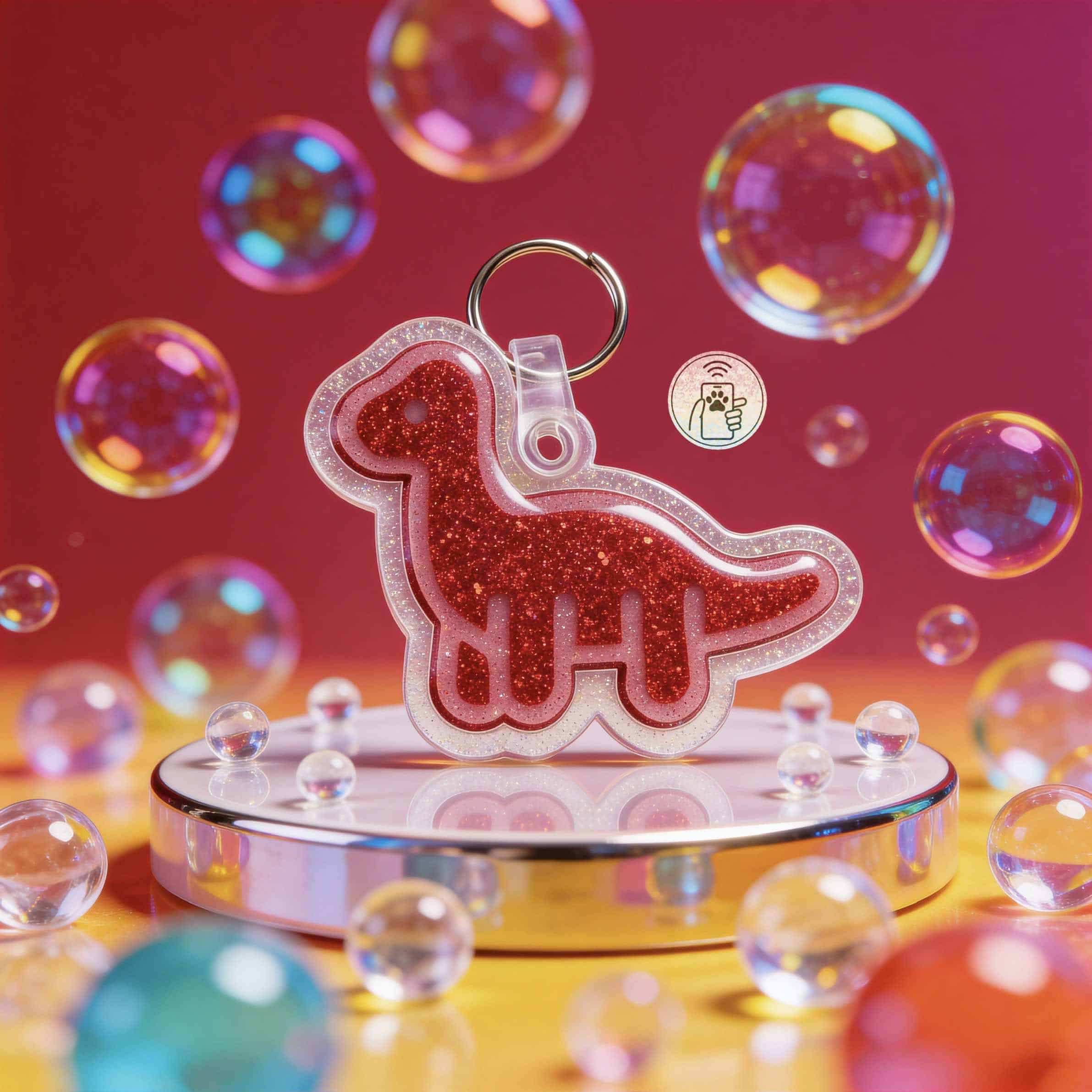 Dinosaur-shaped glitter NFC pet ID tag for dogs and cats with keyring — Shiloh's House smart NFC pet tag with free companion Lohji app.