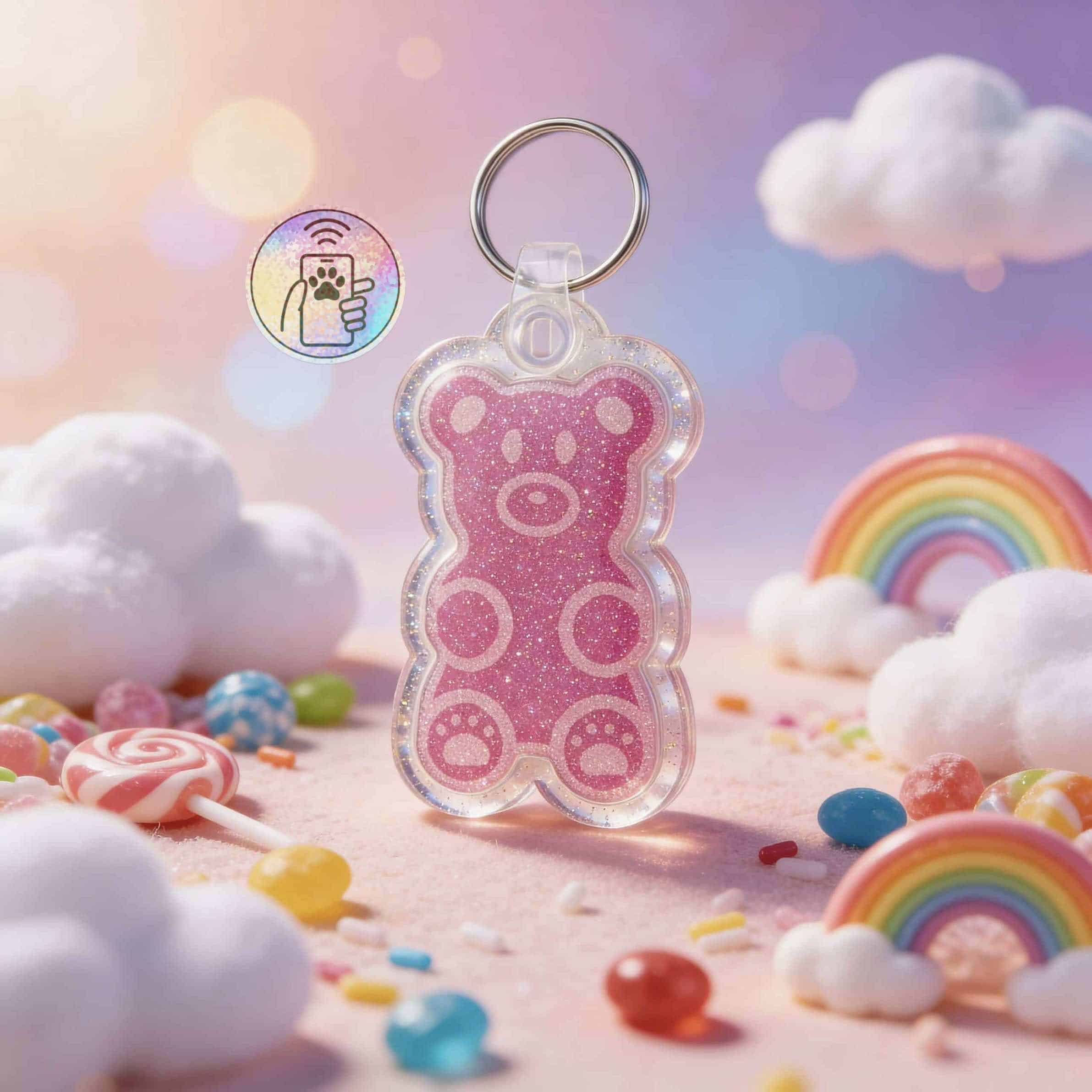 NFC pet ID tag in a pink glitter bear shape with a clear acrylic border for dogs and cats.