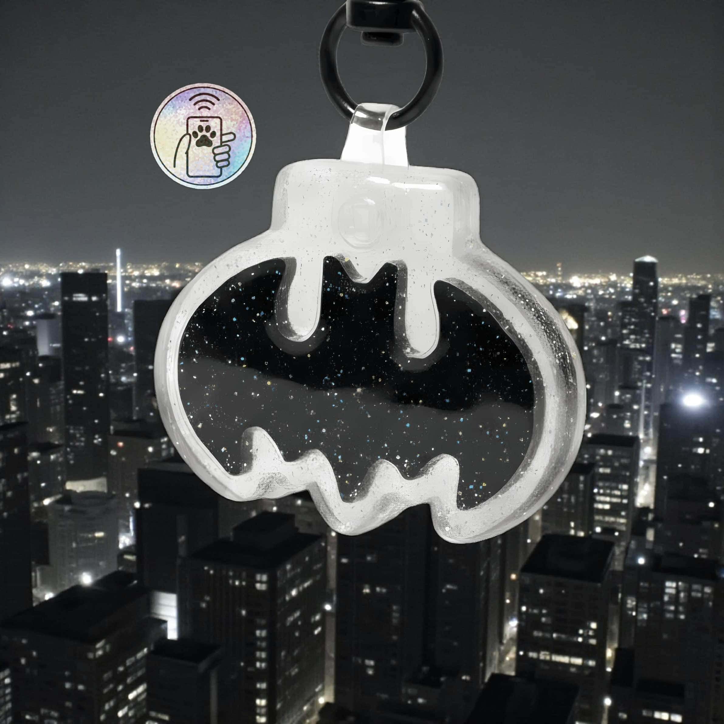 Batman-shaped NFC pet ID tag with galaxy design for dogs and cats.