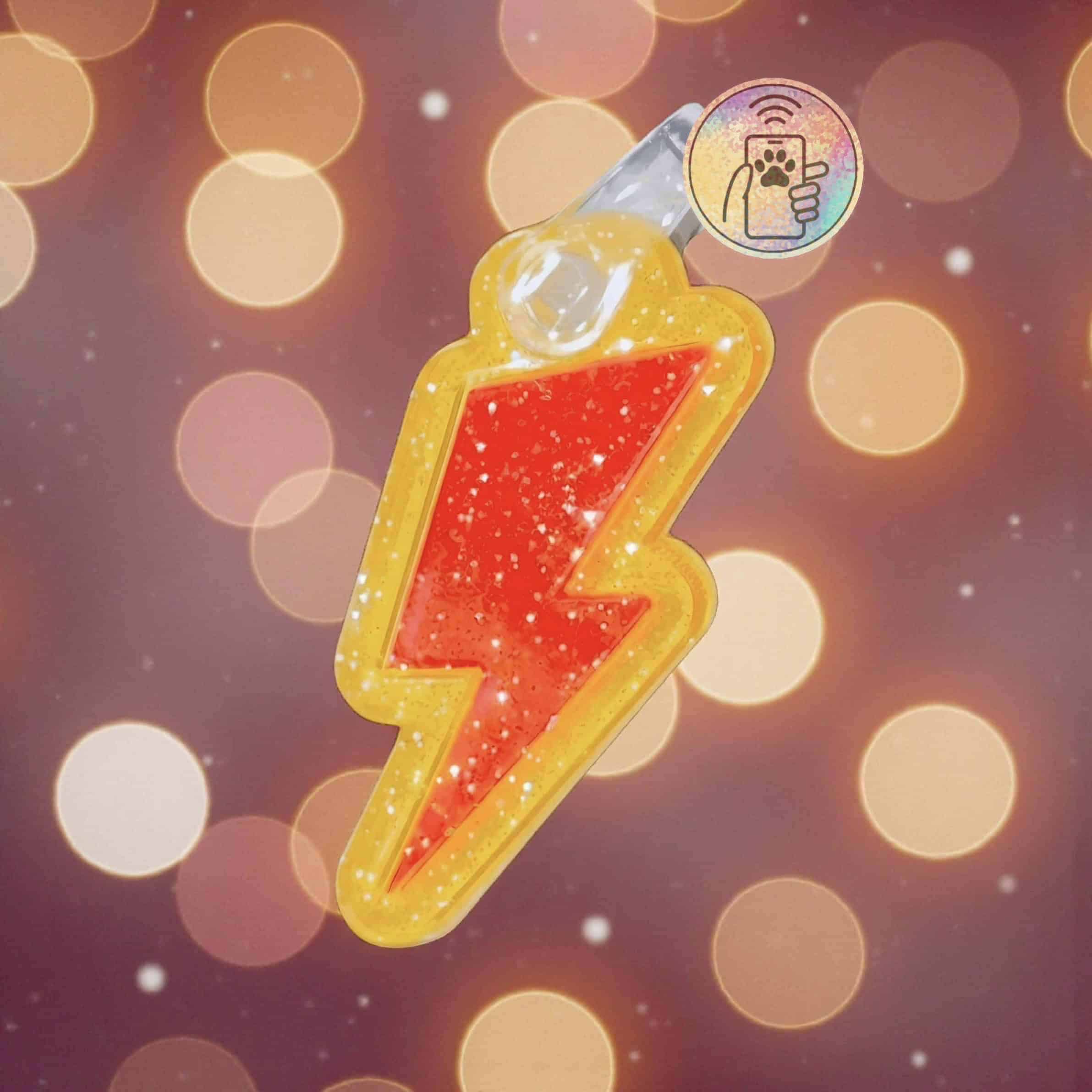 NFC pet ID tag shaped like a lightning bolt with glow-in-the-dark features for dogs and cats.