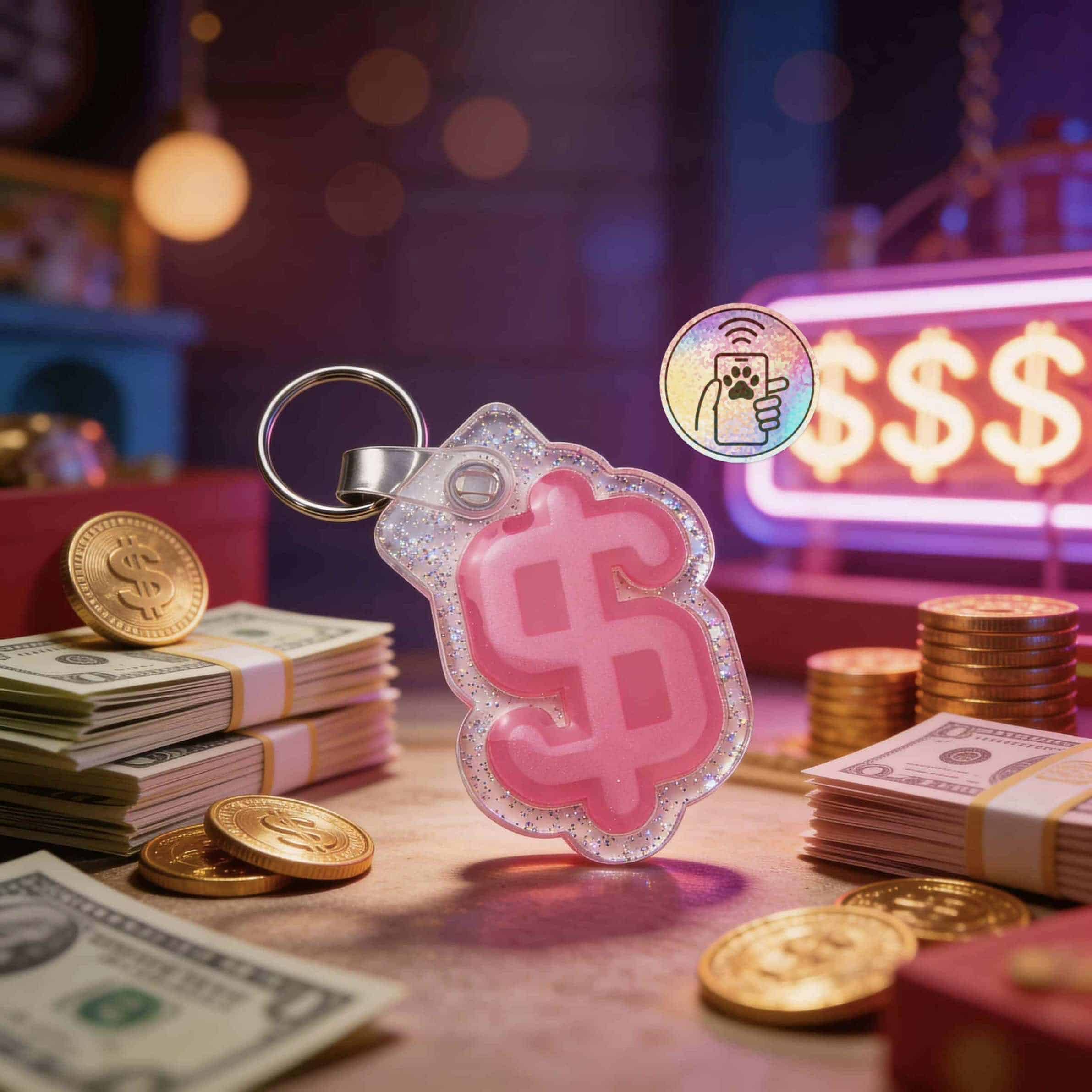 NFC pet ID tag shaped like a dollar sign, made of colorful acrylic, ideal for dogs and cats.