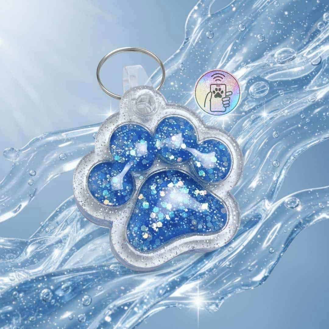 NFC pet ID tag shaped like a paw with blue glitter, waterproof and designed for dogs and cats.