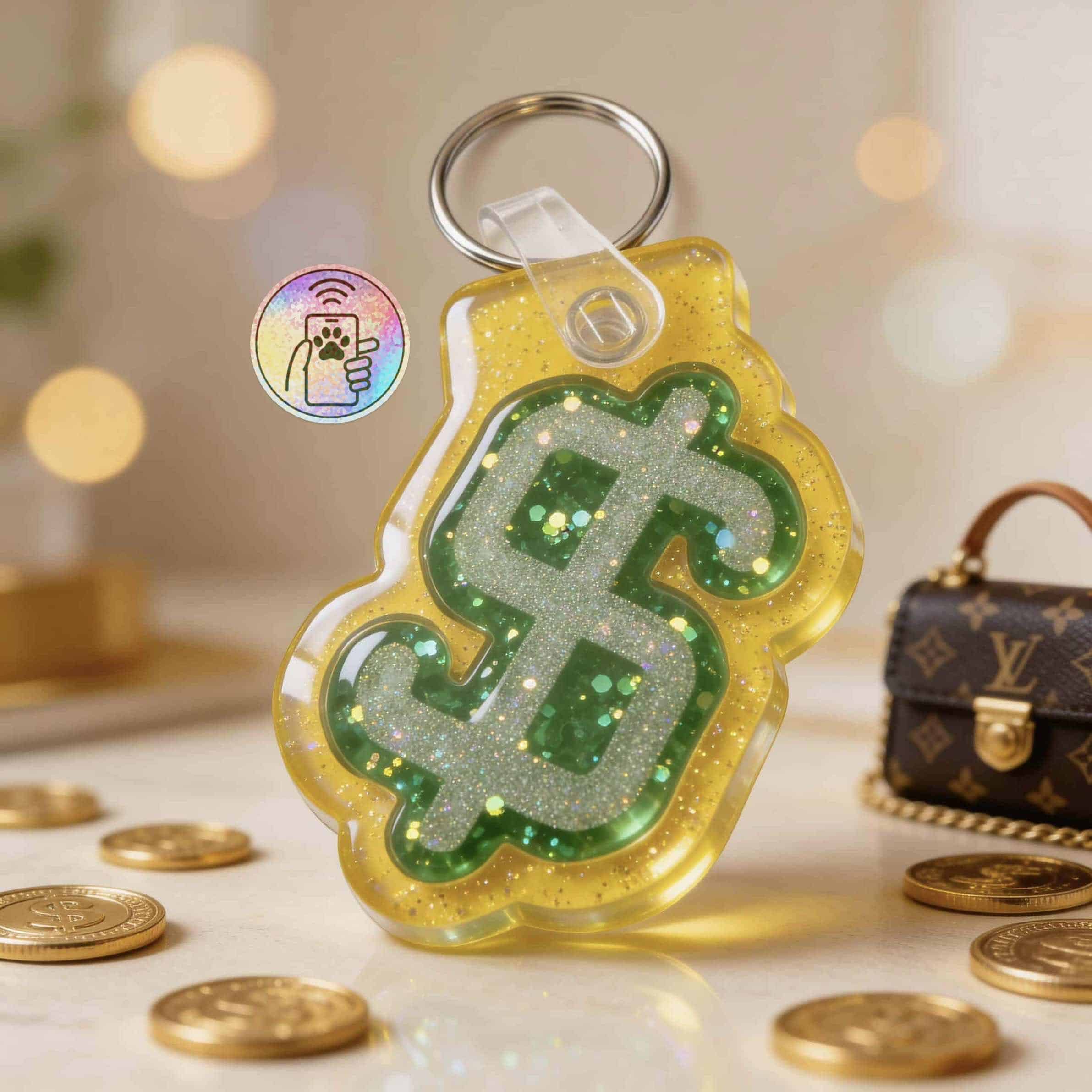 Glittery dollar sign NFC pet ID tag in yellow acrylic for dogs and cats.