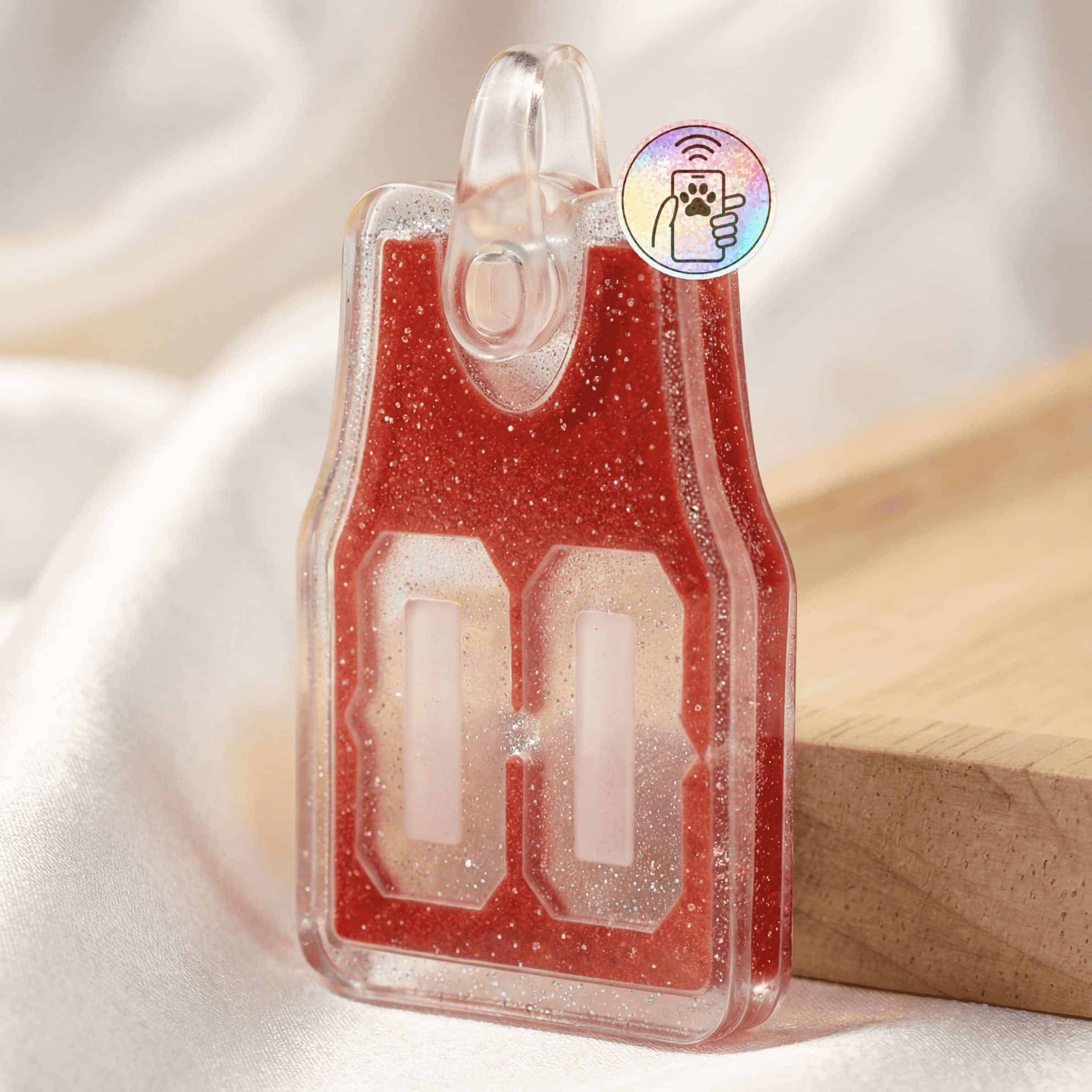 NFC-enabled pet ID tag shaped like a lightning bolt with glow-in-the-dark feature for dogs and cats.