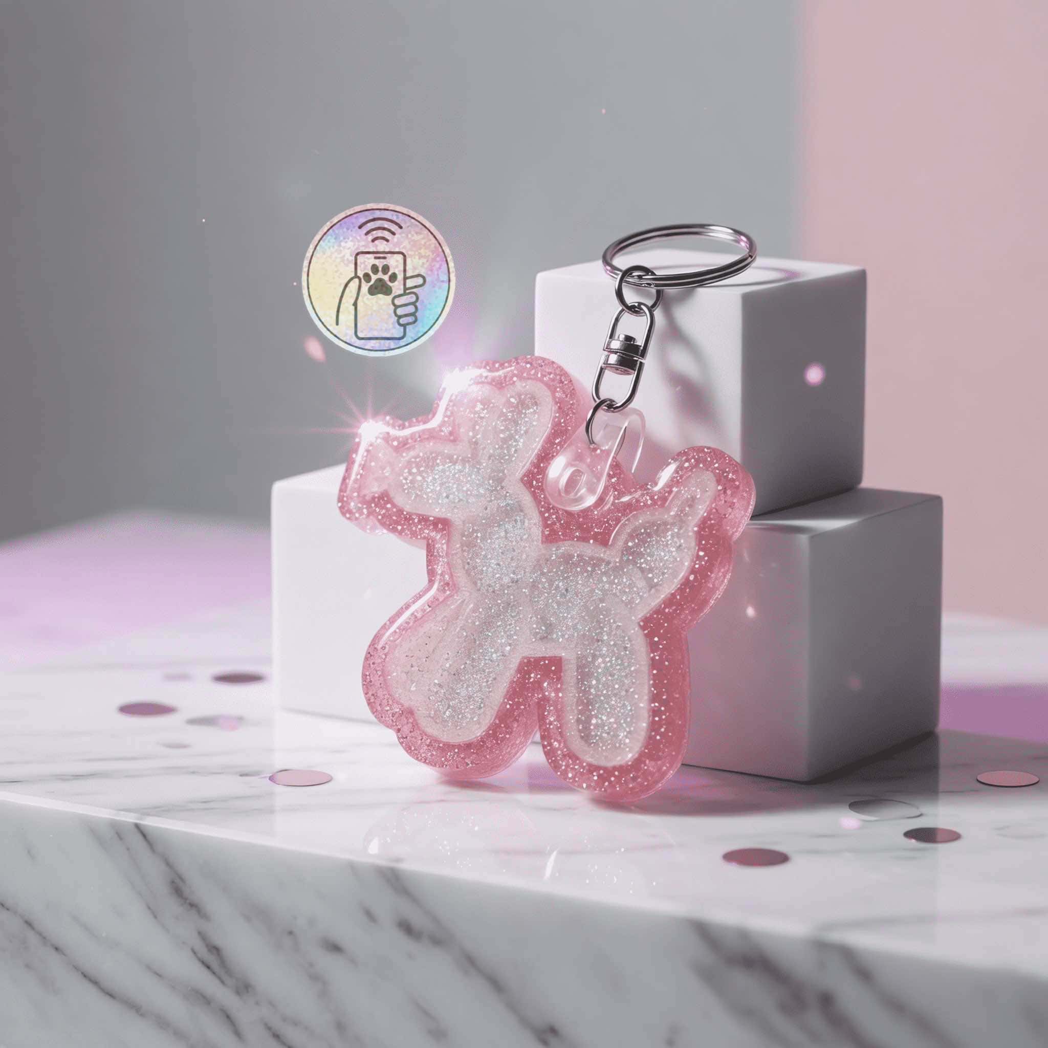 Pink glitter unicorn-shaped NFC pet ID tag with keychain for dogs and cats.