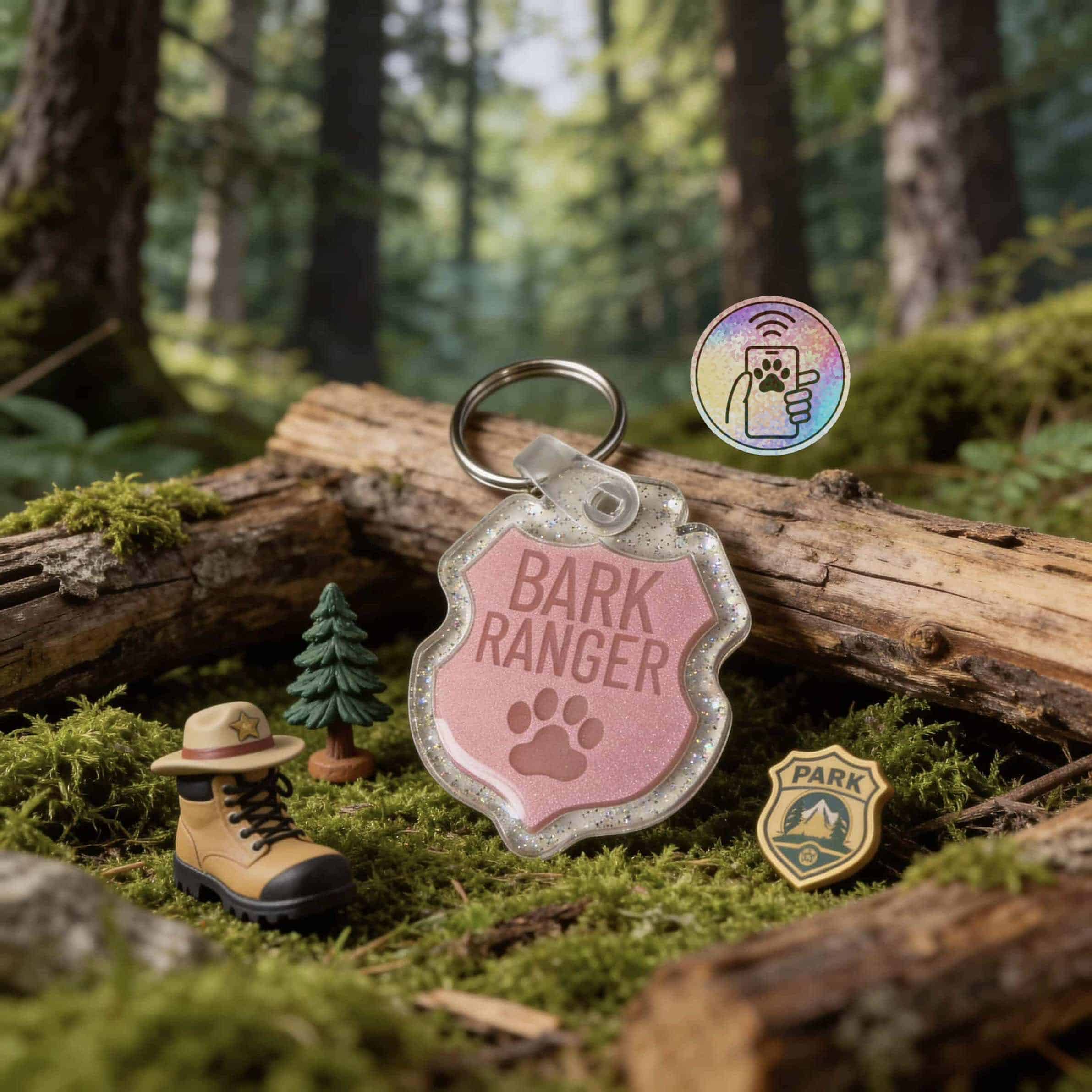 Holographic pet ID tag featuring "Bark Ranger" in a clear acrylic shape.