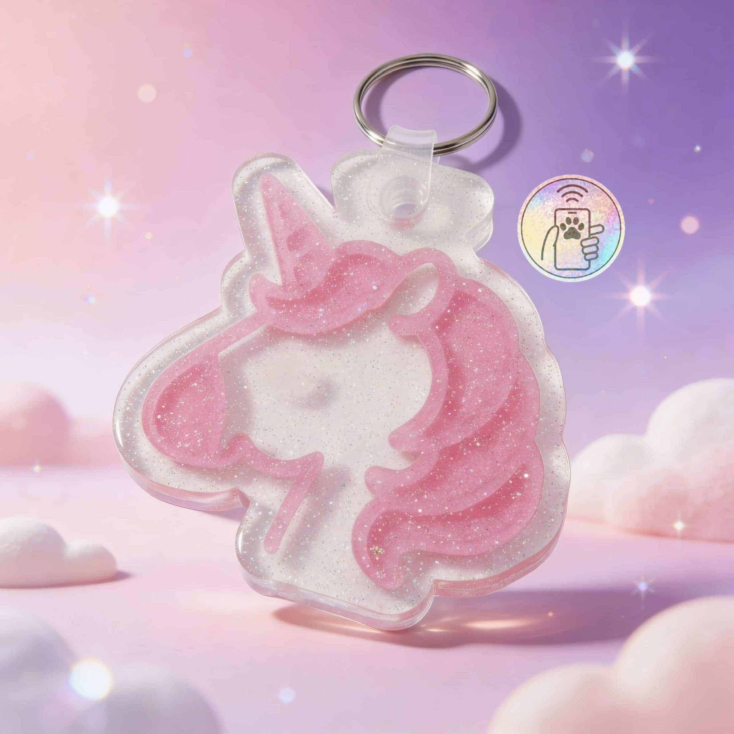 Unicorn-shaped NFC pet ID tag with glitter, ideal for dogs and cats, featuring a keyring for easy at.