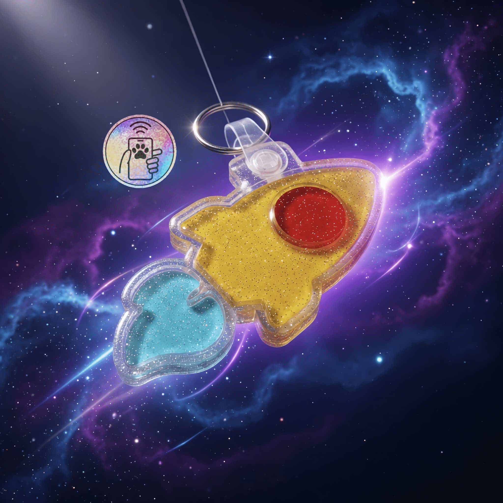 NFC pet ID tag shaped like a rocket with colorful accents, designed for dogs and cats.