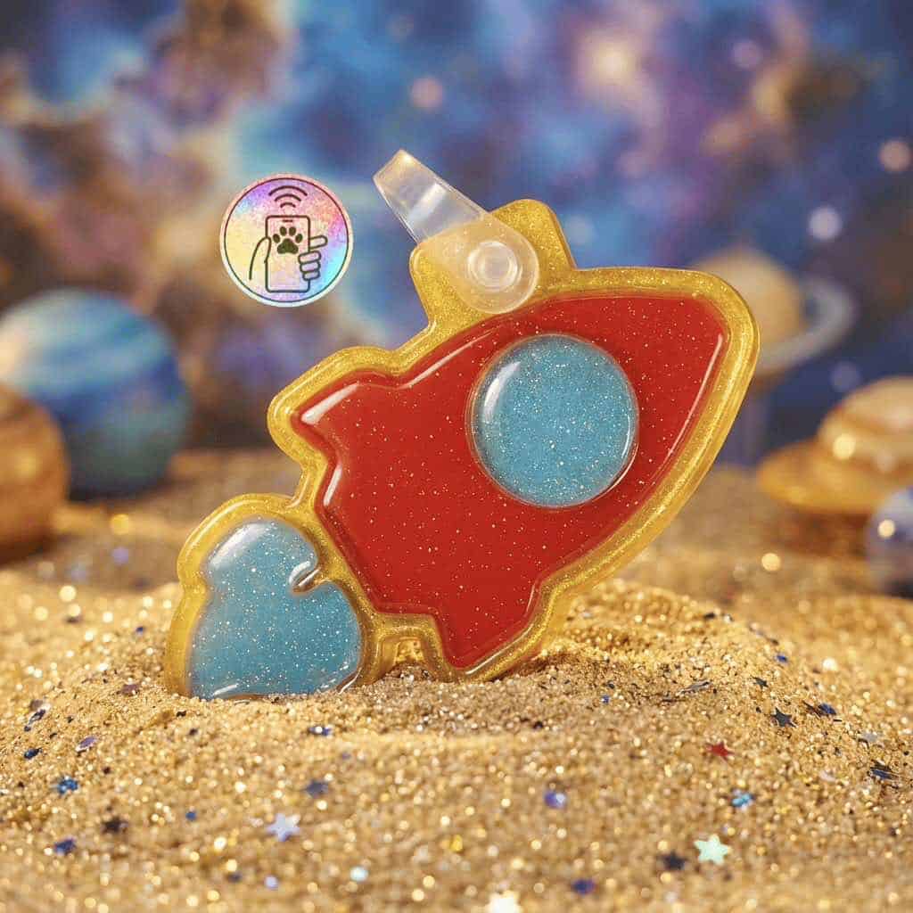 NFC pet ID tag shaped like a rocket, designed for dogs and cats, with glittery red and blue acrylic.