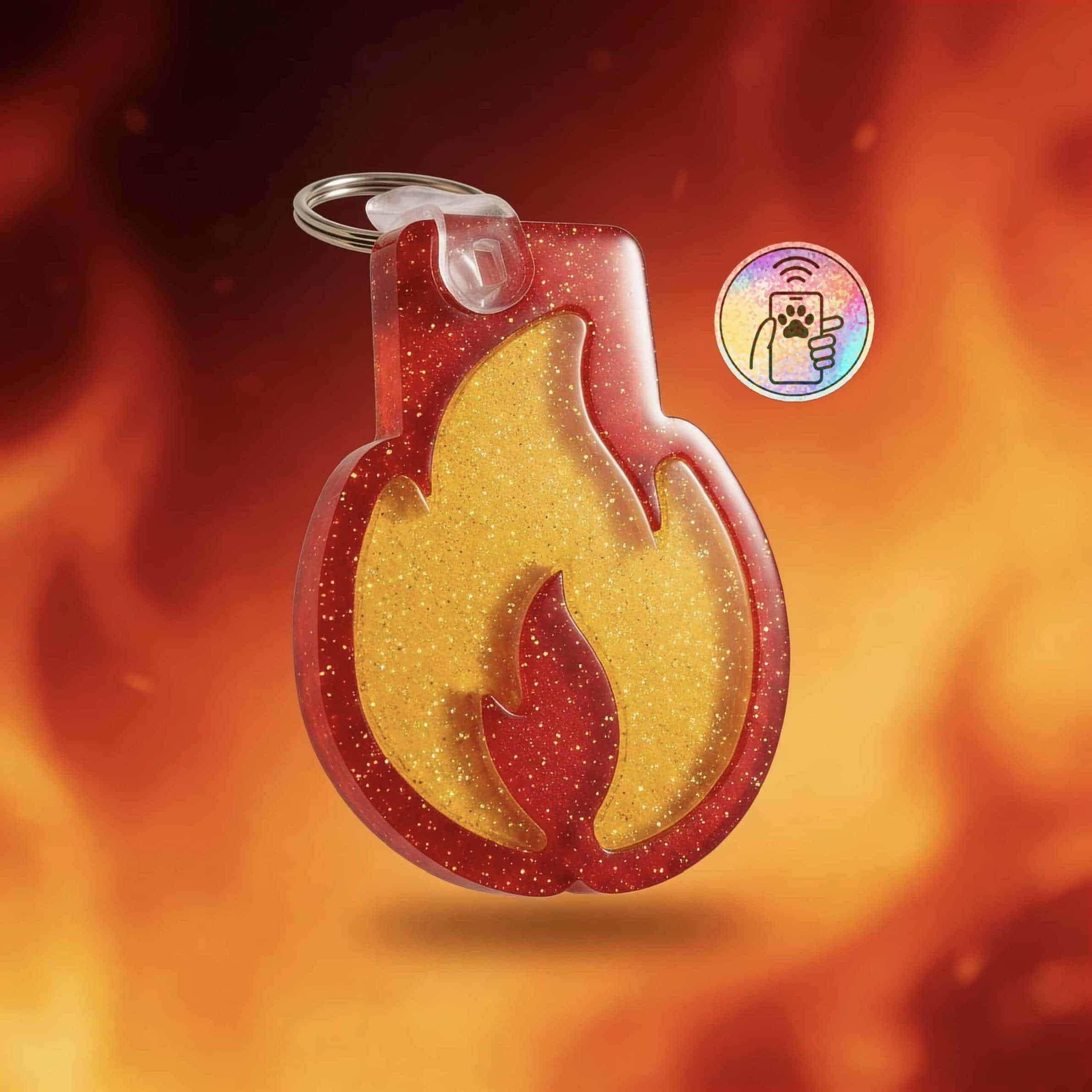 NFC pet ID tag shaped like a flame, made of glitter acrylic for dogs and cats.