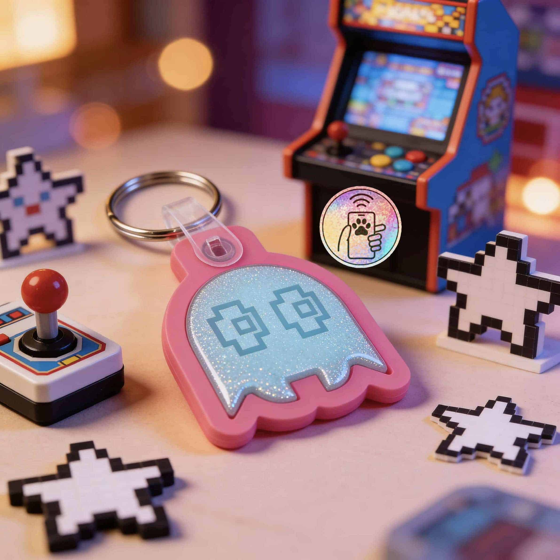 NFC pet ID tag in pink with pixel art design, perfect for dogs and cats, featuring a fun, retro styl — Shiloh's House smart NFC pet tag with free companion Lohji app.