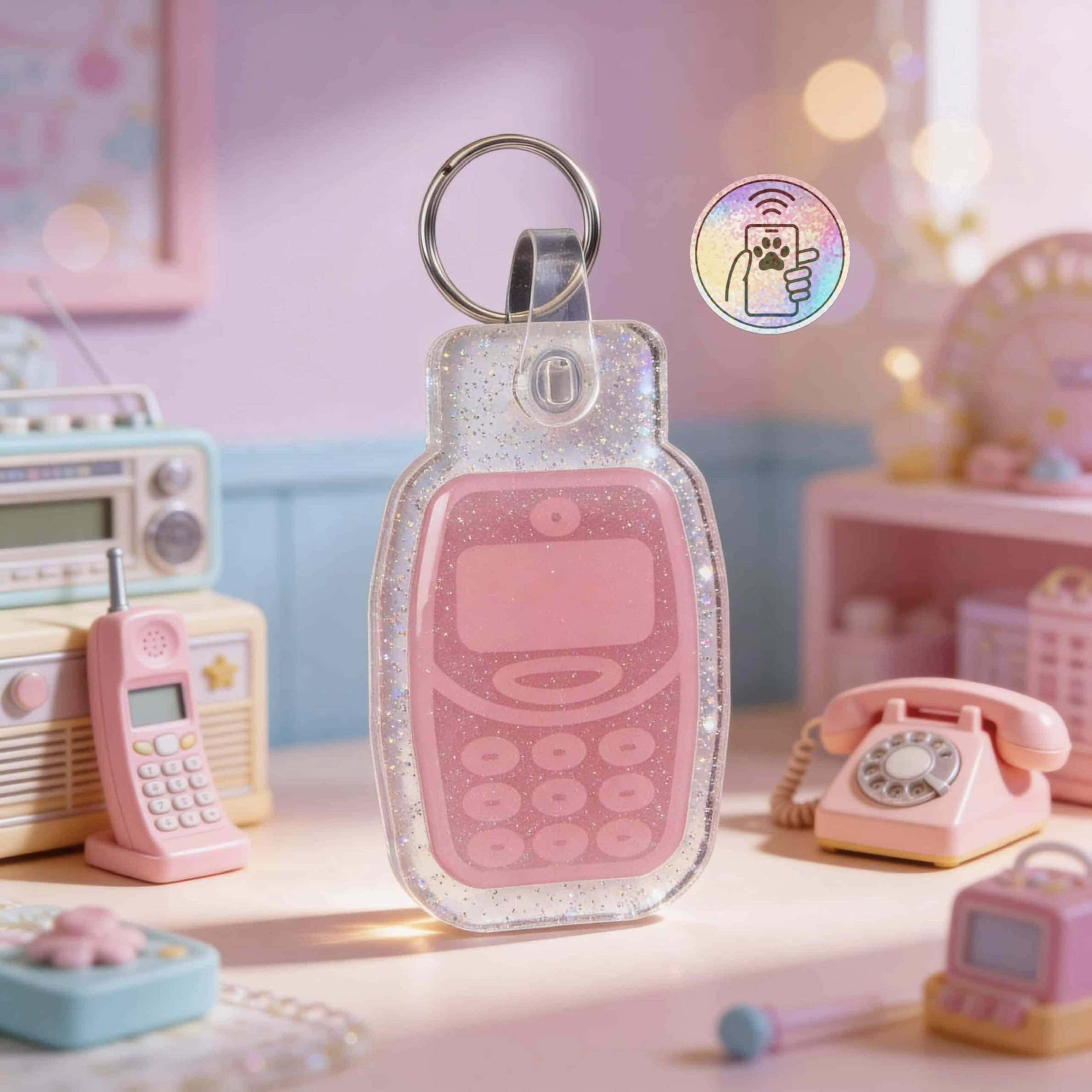 A pink NFC pet ID tag shaped like a vintage mobile phone with a glittery clear case, designed for do.