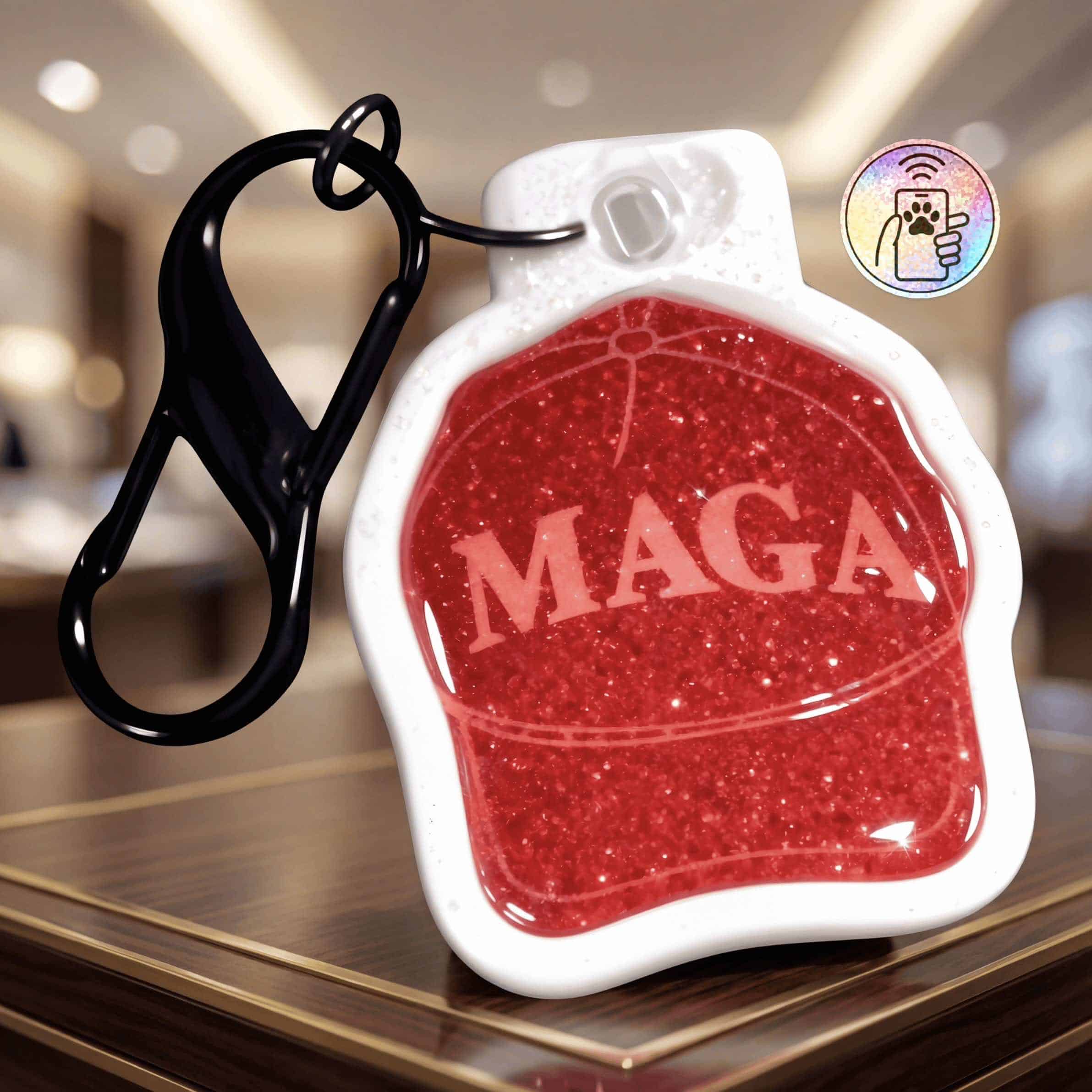Red MAGA-themed NFC pet ID tag with carabiner clip for dogs and cats.