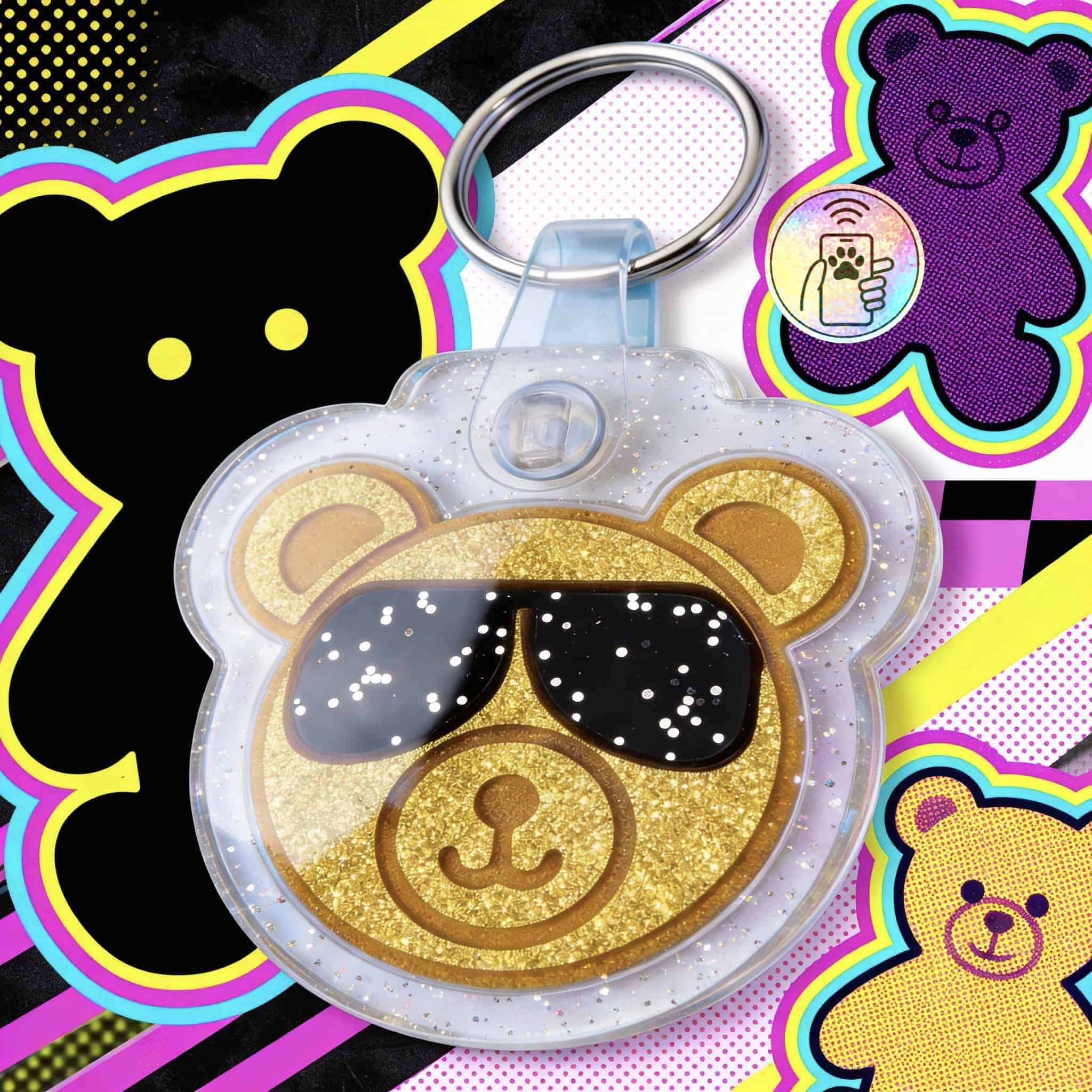 Glitter bear-shaped NFC pet ID tag with sunglasses in a clear case, designed for dogs and cats.