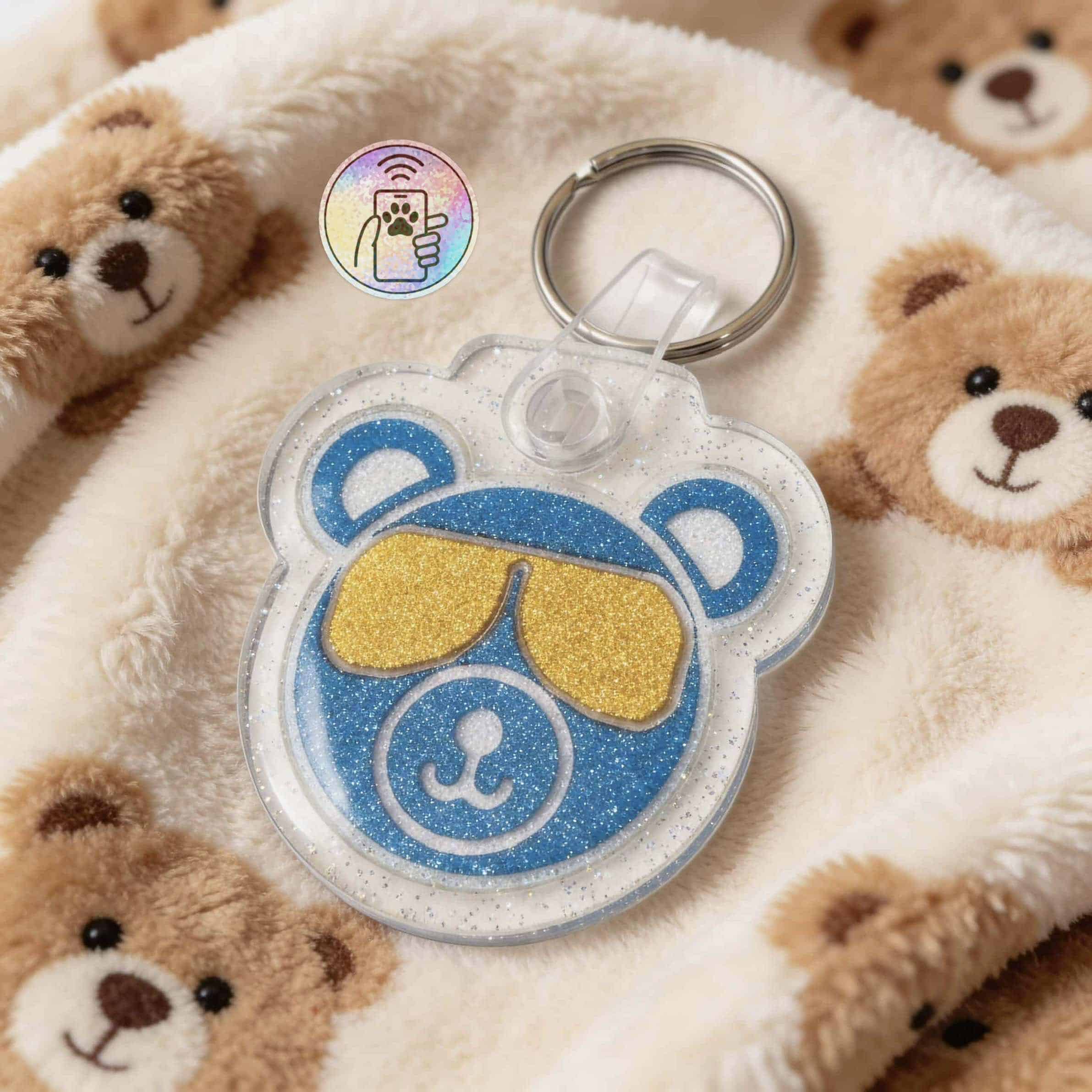 NFC pet ID tag in bear shape with glitter, perfect for dogs and cats' identification.