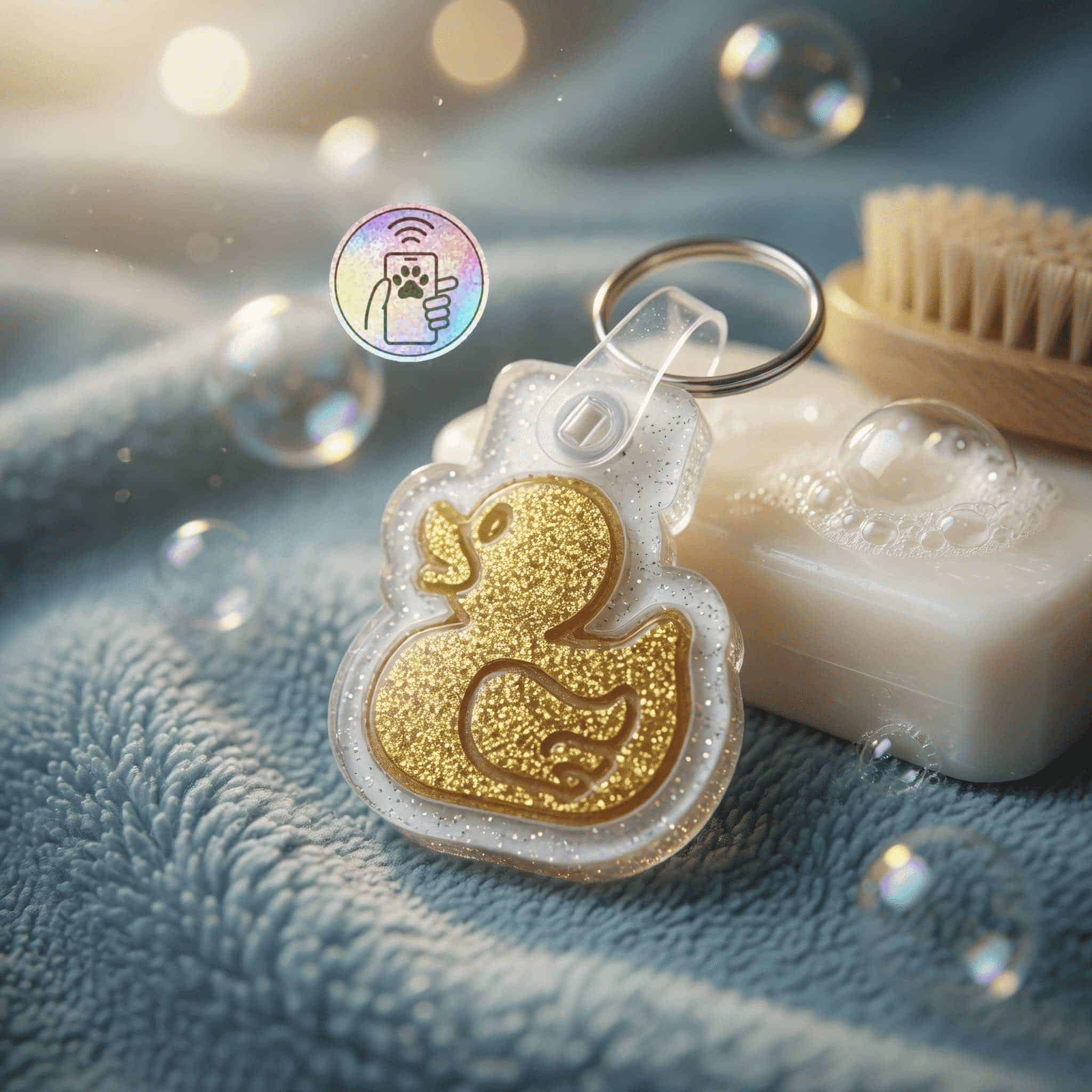 Gold glitter rubber duck-shaped NFC pet ID tag with keyring for dogs and cats.