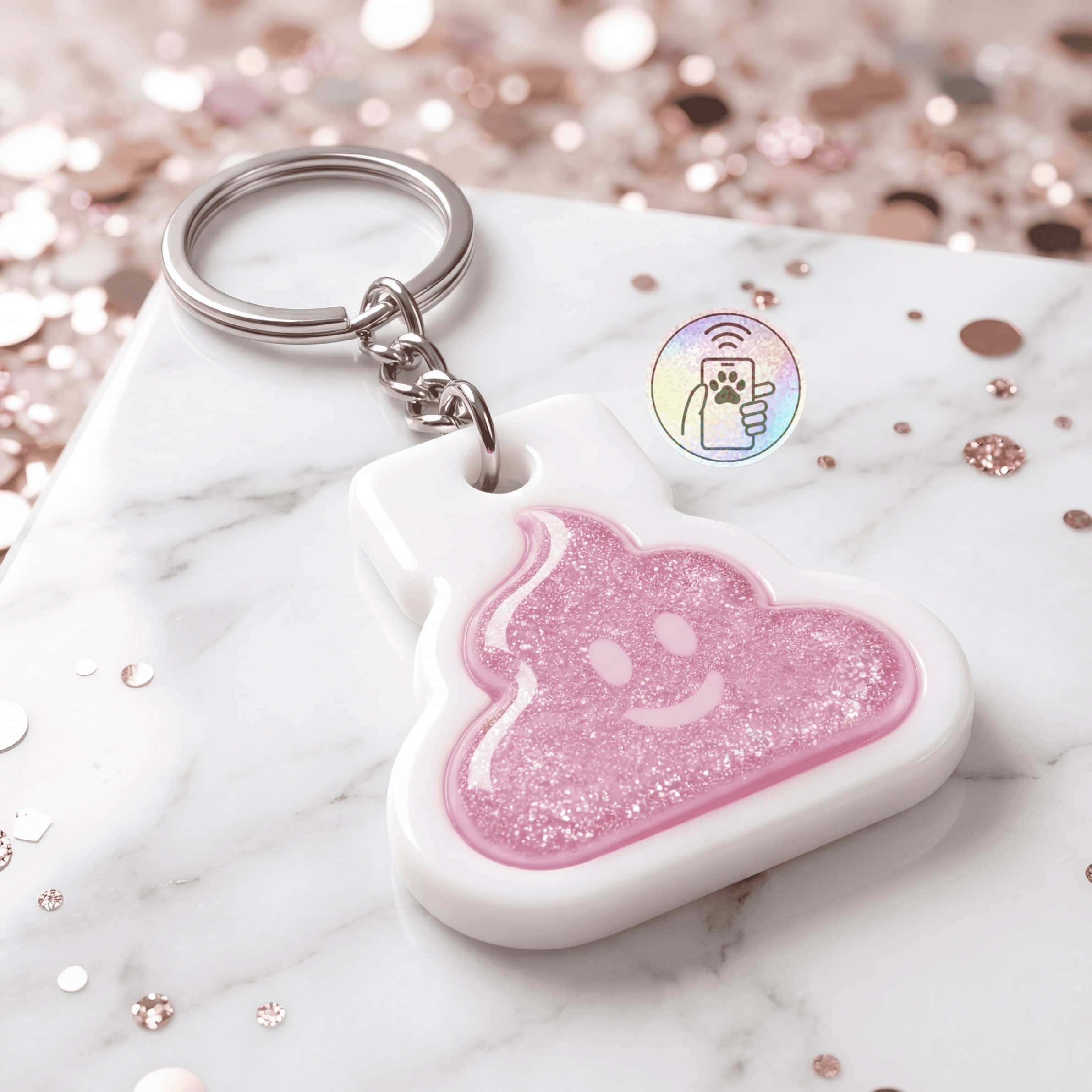 NFC-enabled designer acrylic unicorn-shaped pet ID tag with glitter finish.
