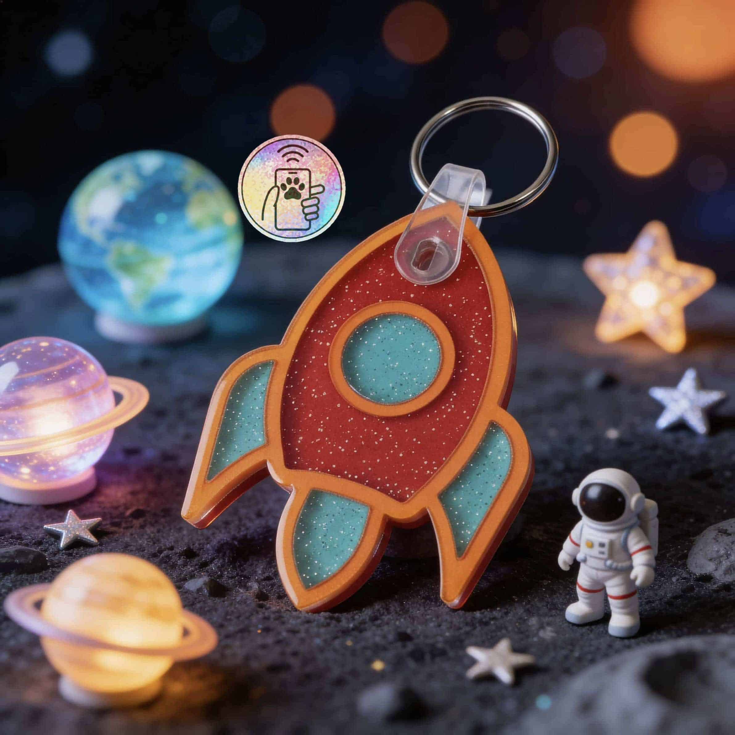 NFC pet ID tag shaped like a rocket with vibrant colors and space-themed background.