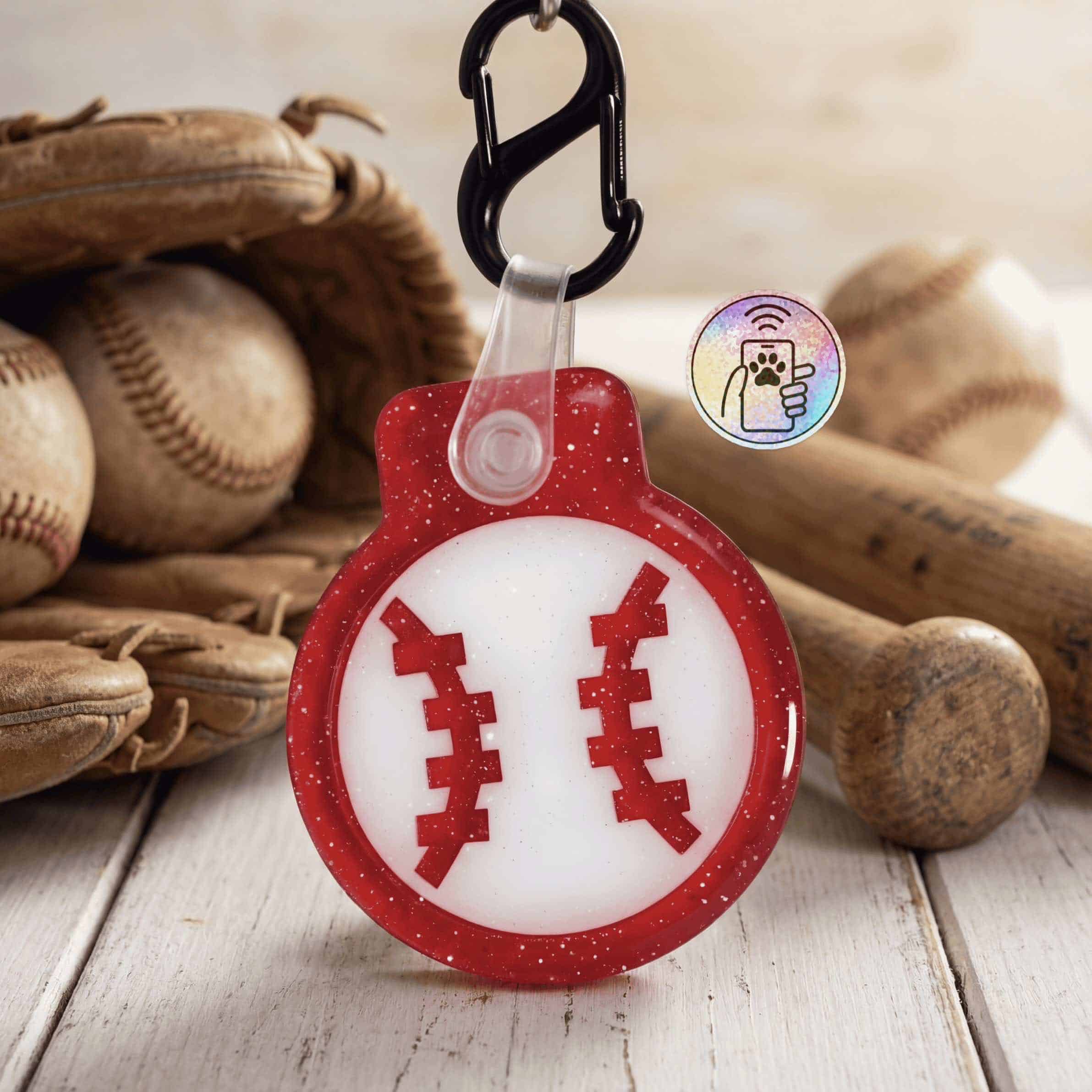 NFC pet ID tag in football shape with red and white design, perfect for dogs and cats.